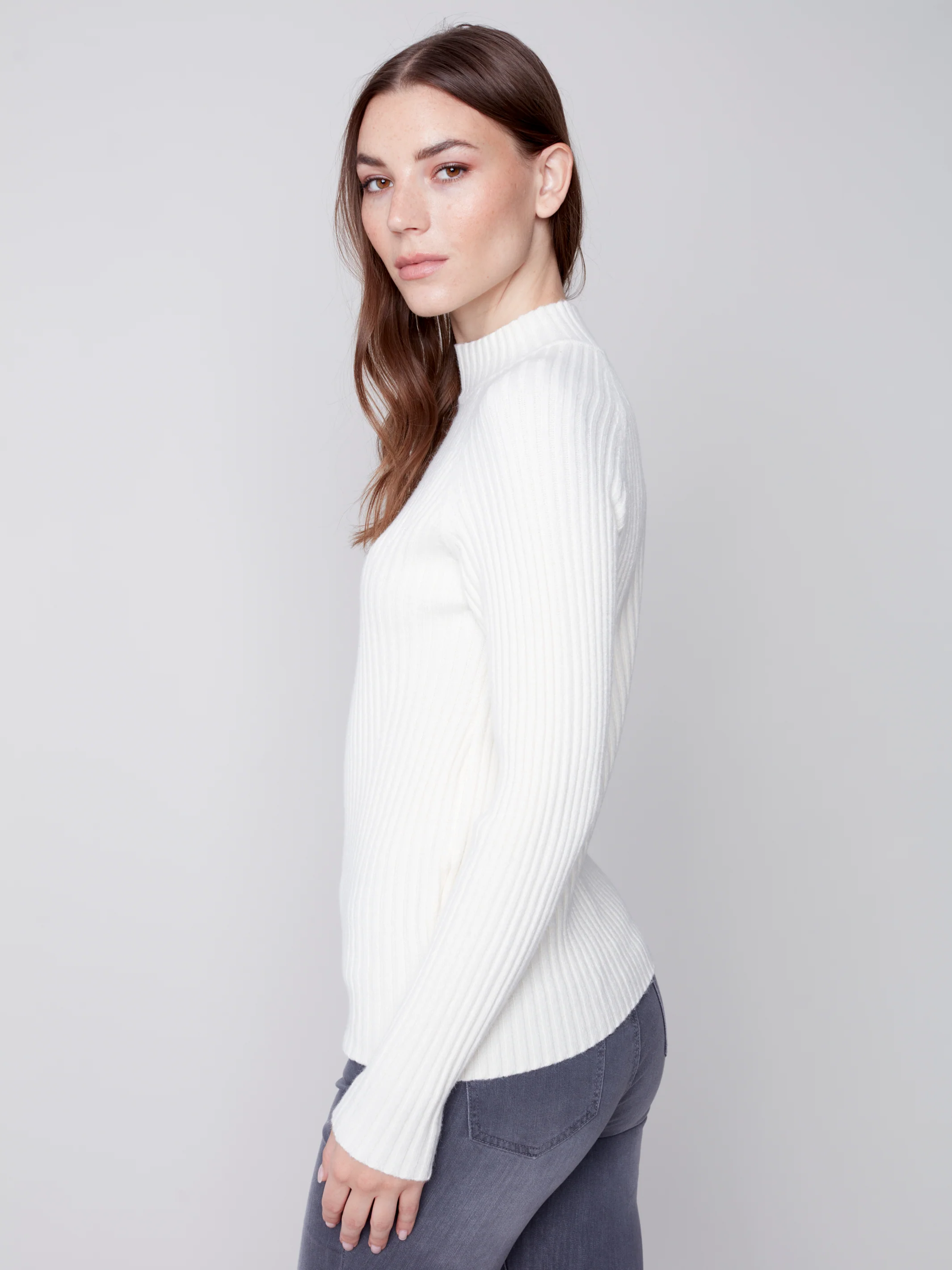 Charlie B -C2553-736A-Mock NK  Sweater -Ecru - Image 4