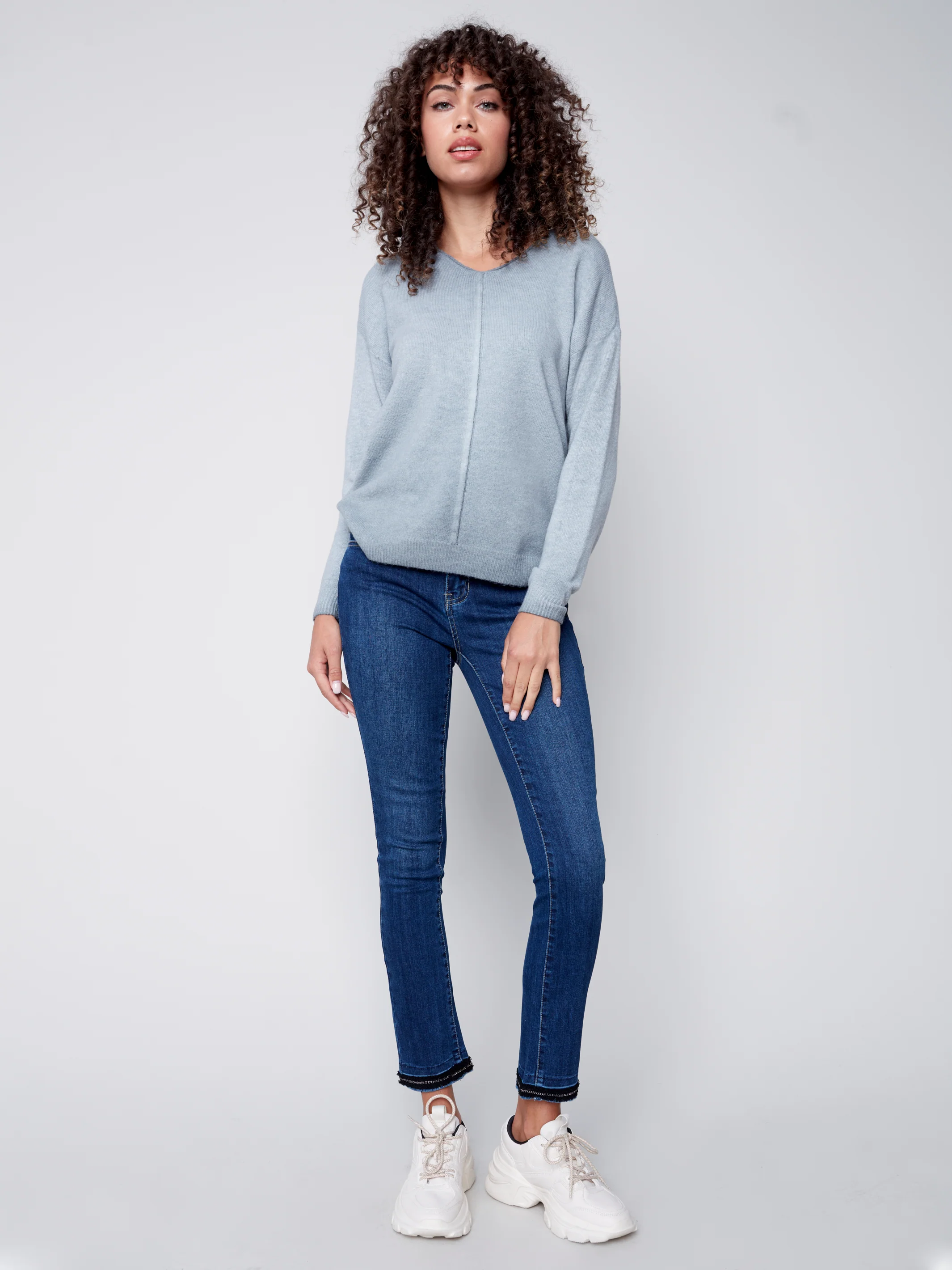 Charlie B -C2558-650B-V Neck Sweater -H- Grey - Image 2