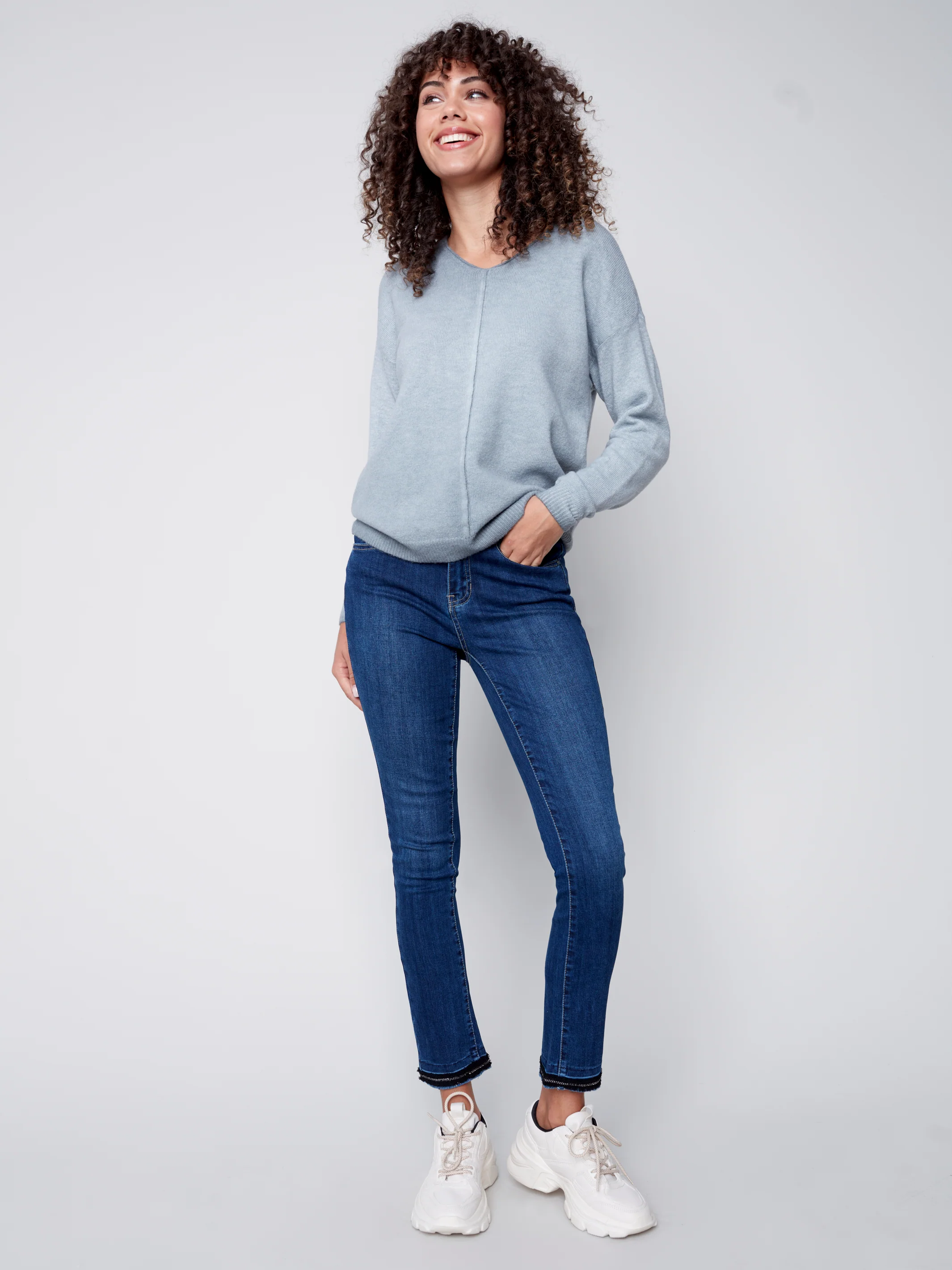 Charlie B -C2558-650B-V Neck Sweater -H- Grey - Image 3