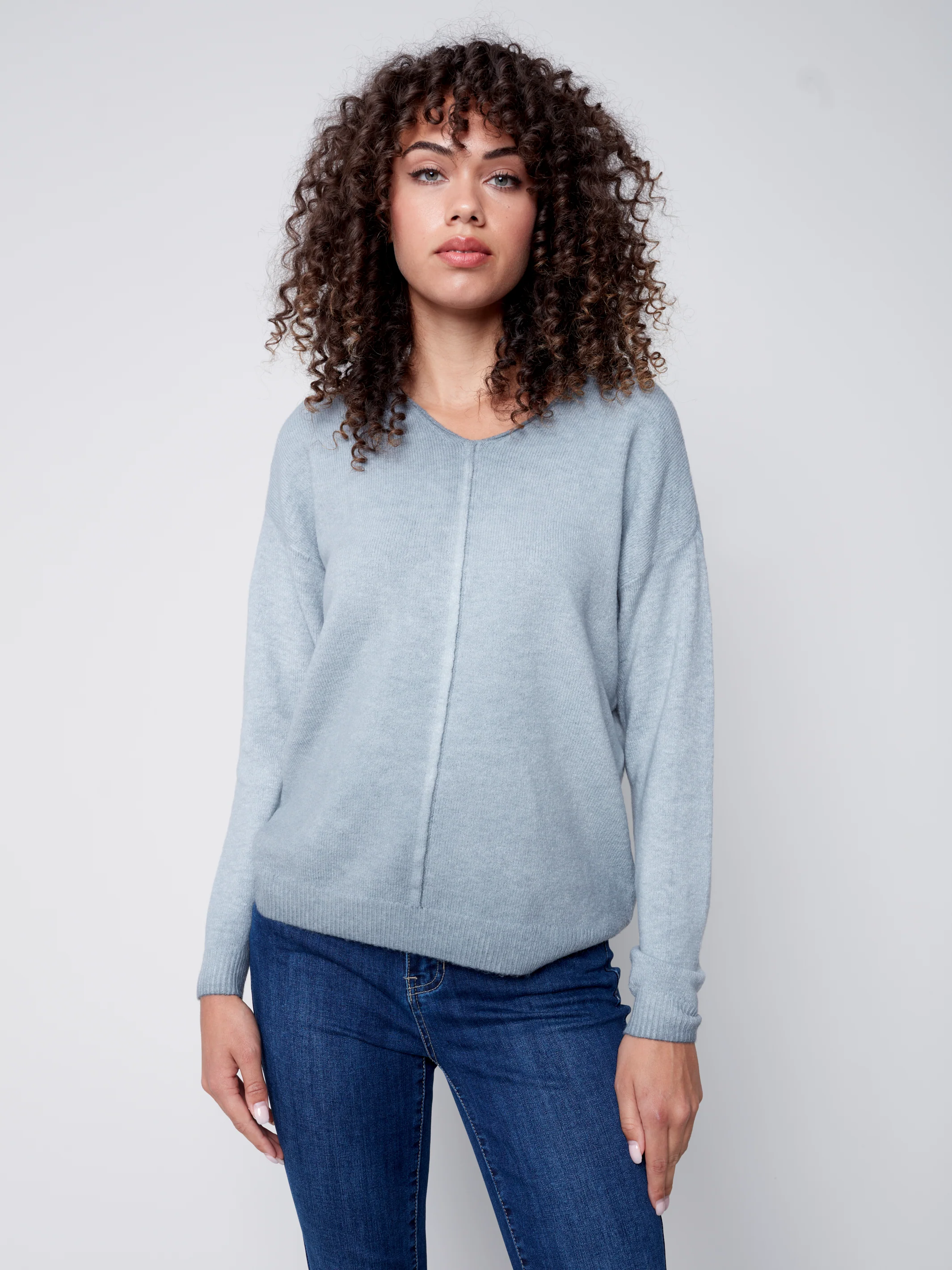 Charlie B -C2558-650B-V Neck Sweater -H- Grey - Image 4