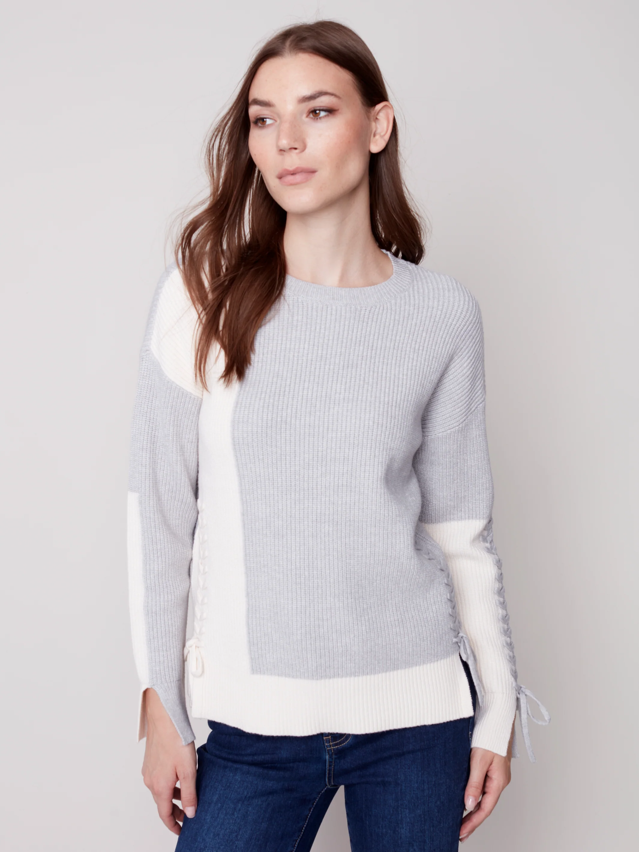 Charlie B -C2573-670B- Sweater/Lacing -H-Grey - Image 2