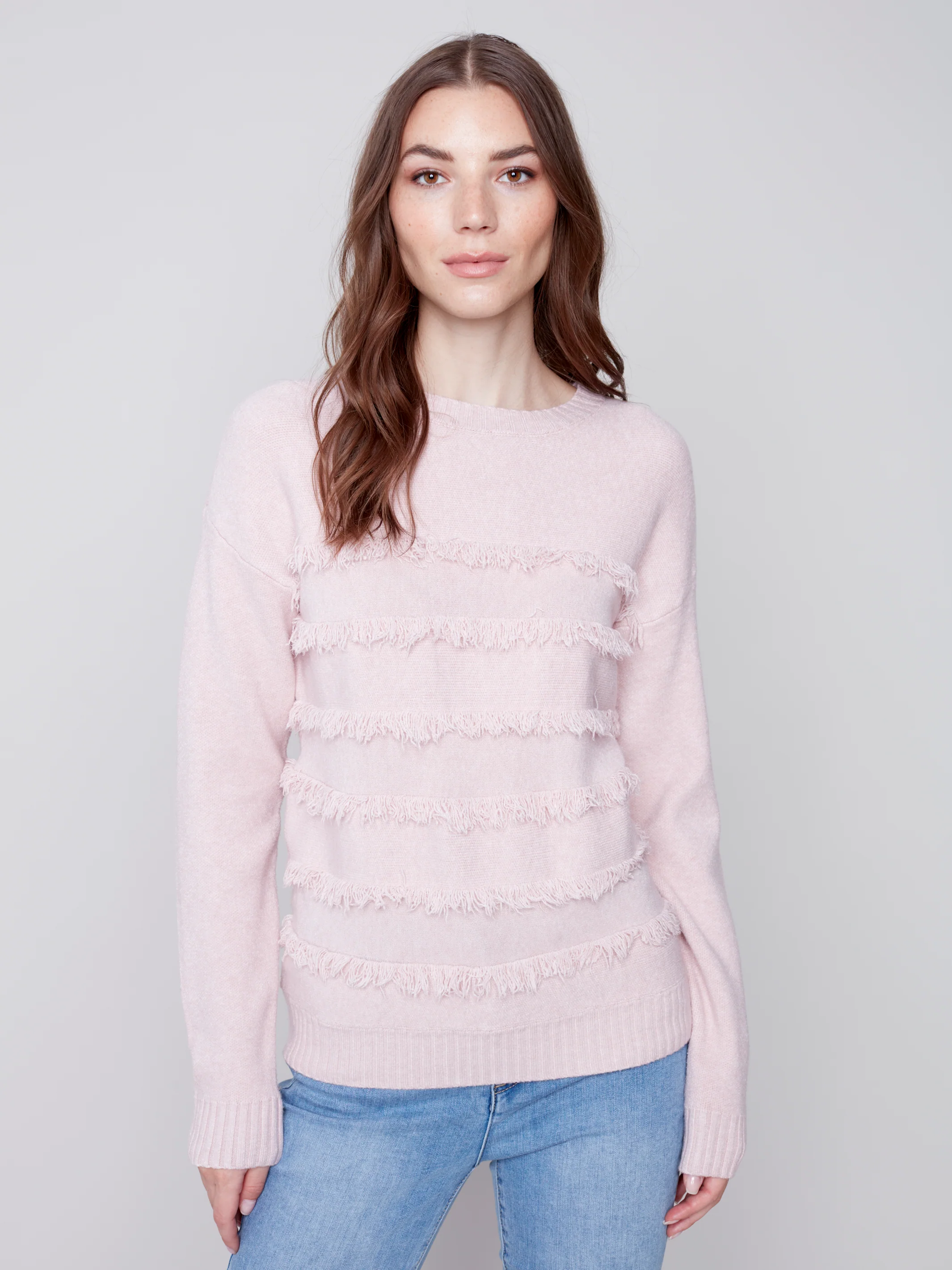 Charlie B -C2583-736A-Frayed  Sweater -Powder - Image 3