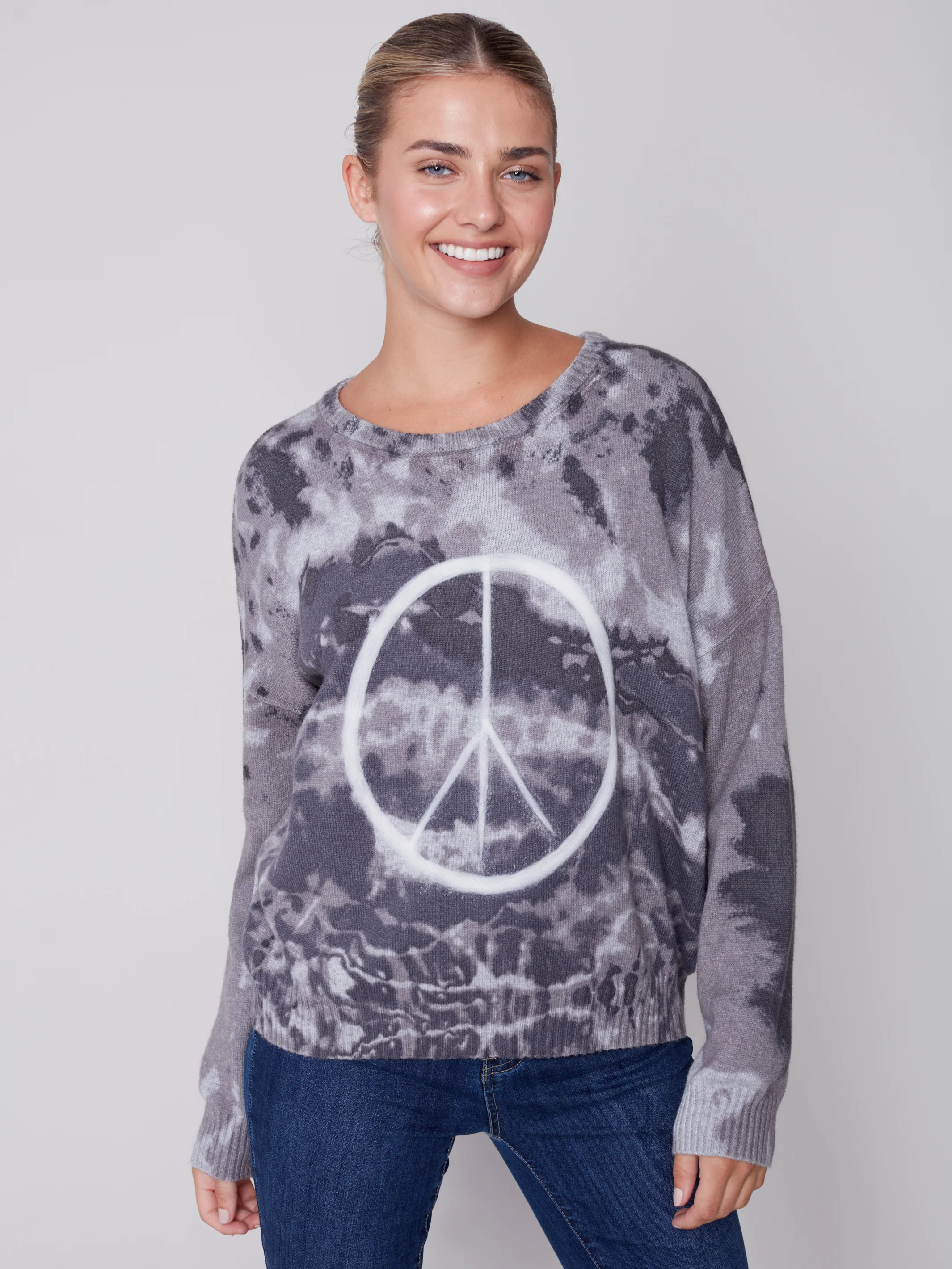 Charlie B -C2592P-736A-Printed  Sweater-Charcoal - Image 3