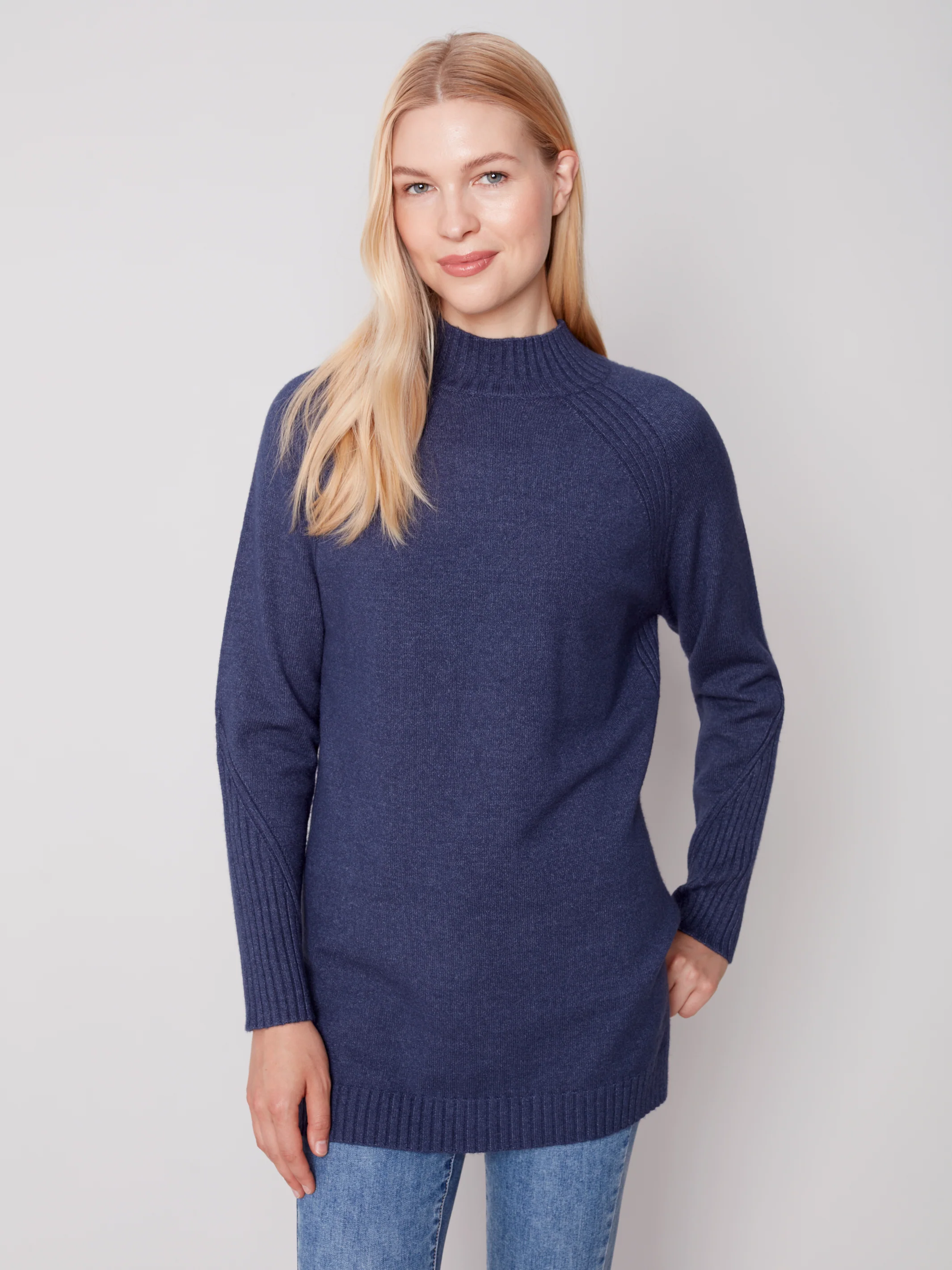Charlie B -C2597-974A-Mock NK Sweater-Denim - Image 2