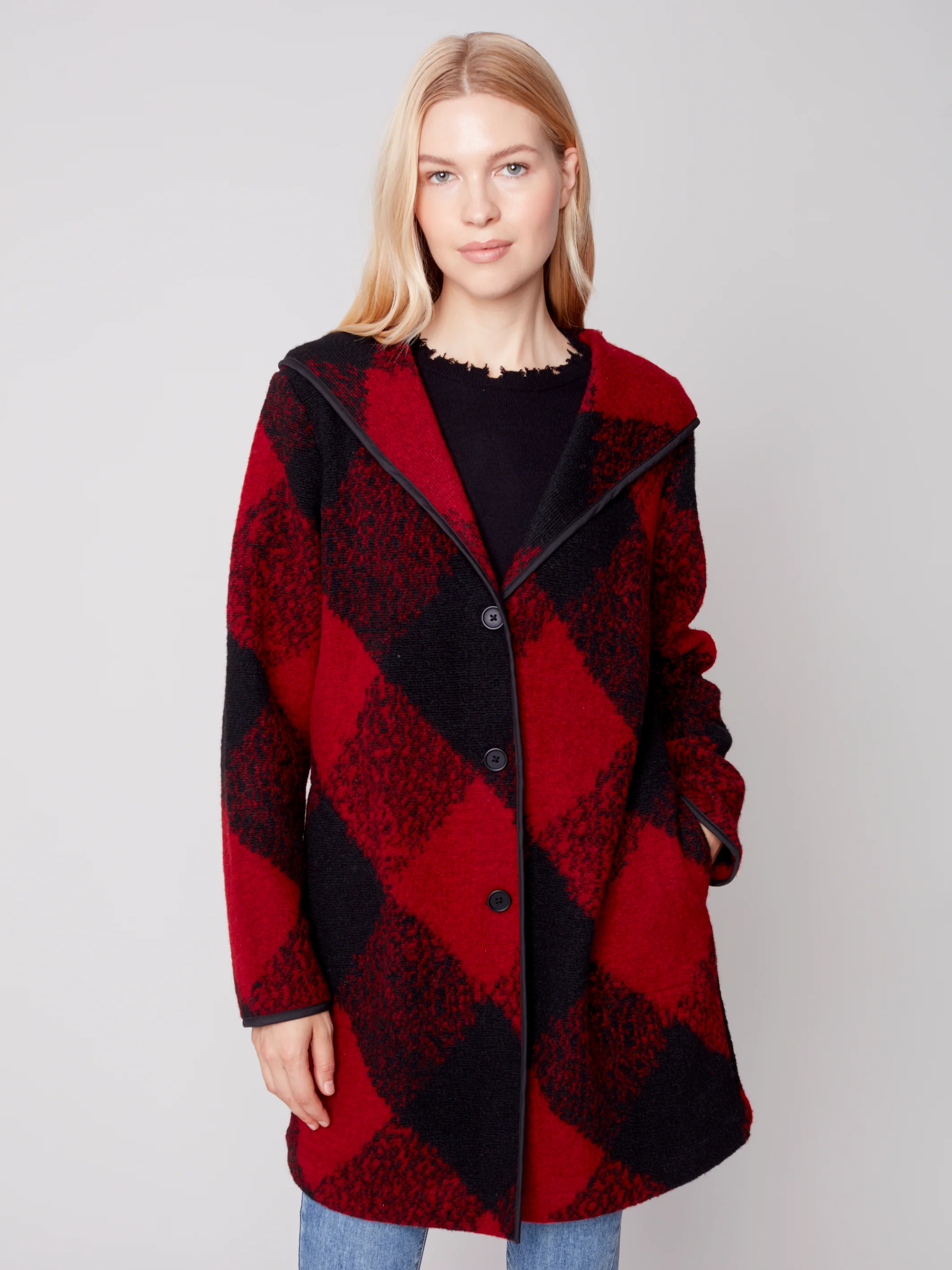 Charlie B -C6267-174B- Plaid Wool Coat-Ruby - Image 4