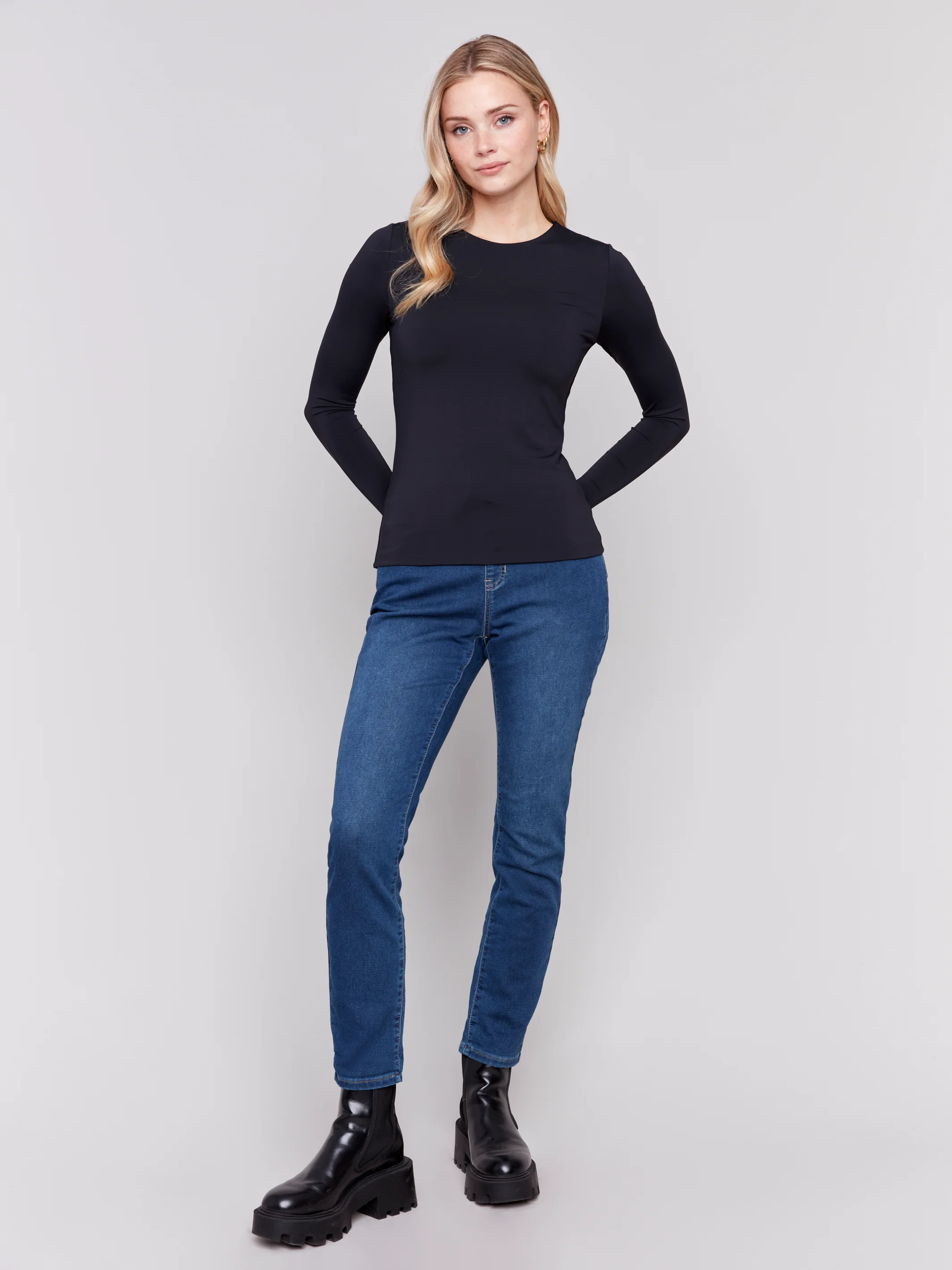 Charlie B -C1367PK-001-Long Sleeve Rib Top-Black - Image 2