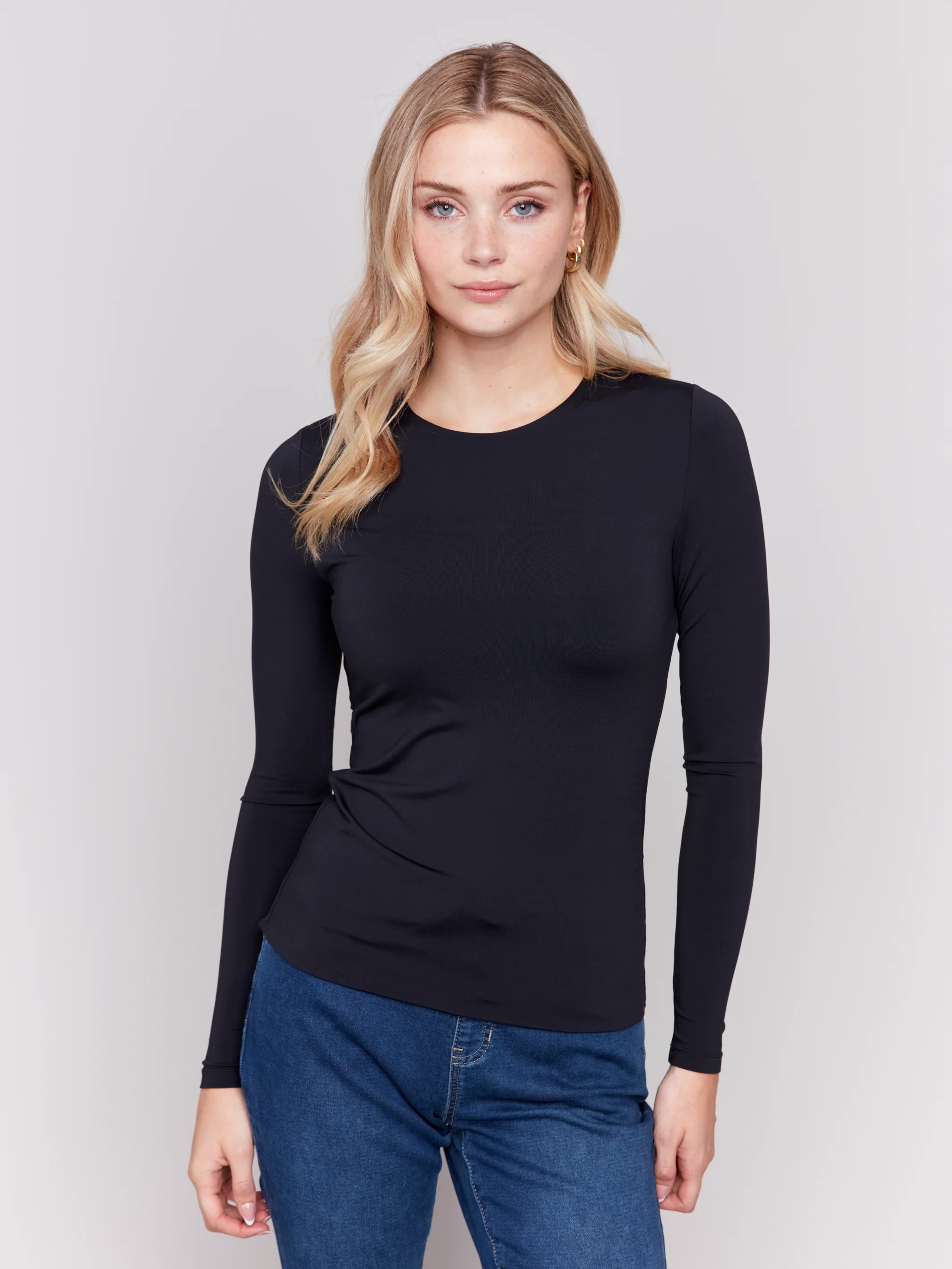 Charlie B -C1367PK-001-Long Sleeve Rib Top-Black - Image 3