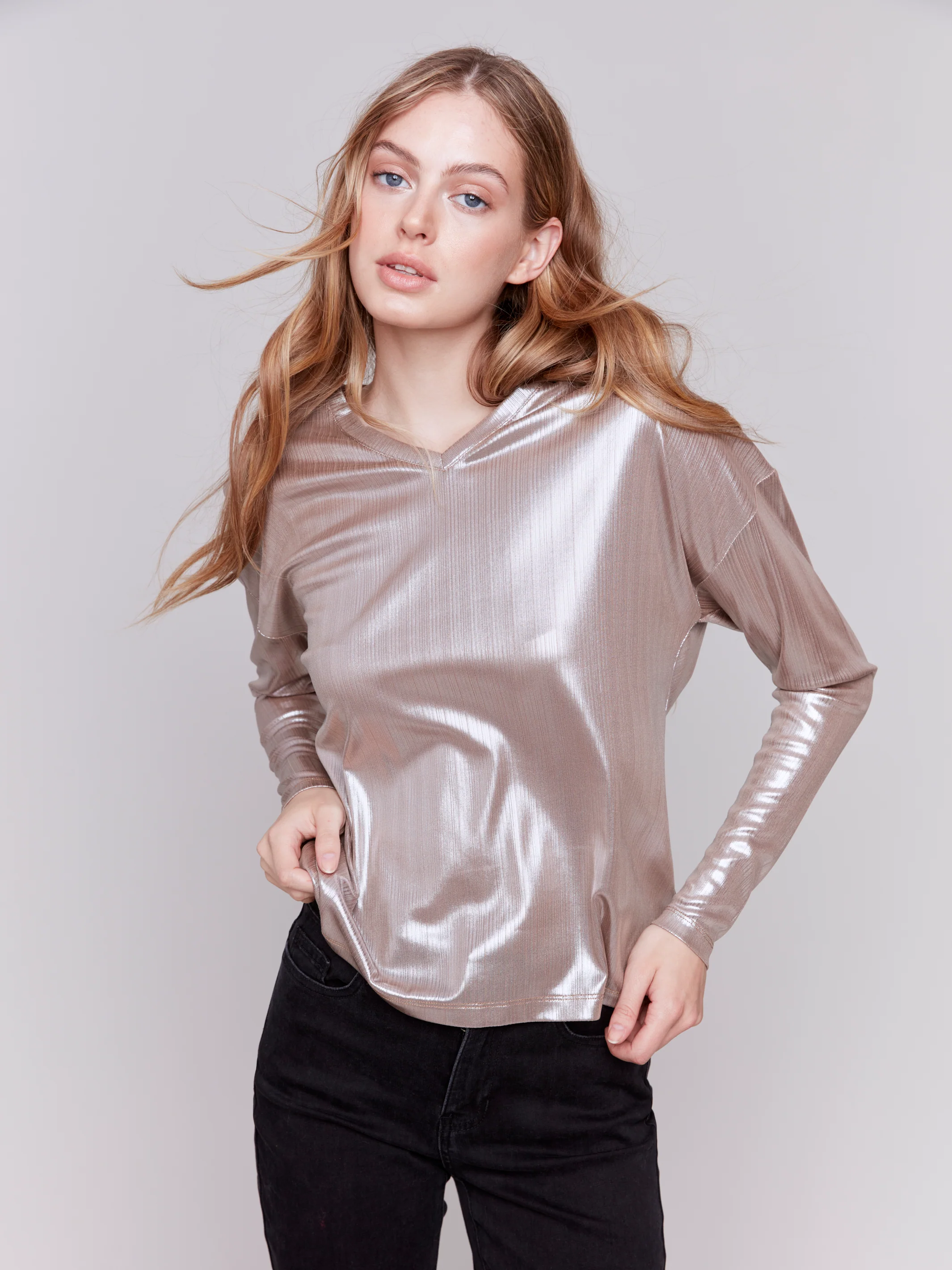 Charlie B -C1368PK-651-Foiled Knit Top W/V Neck-Steel - Image 2