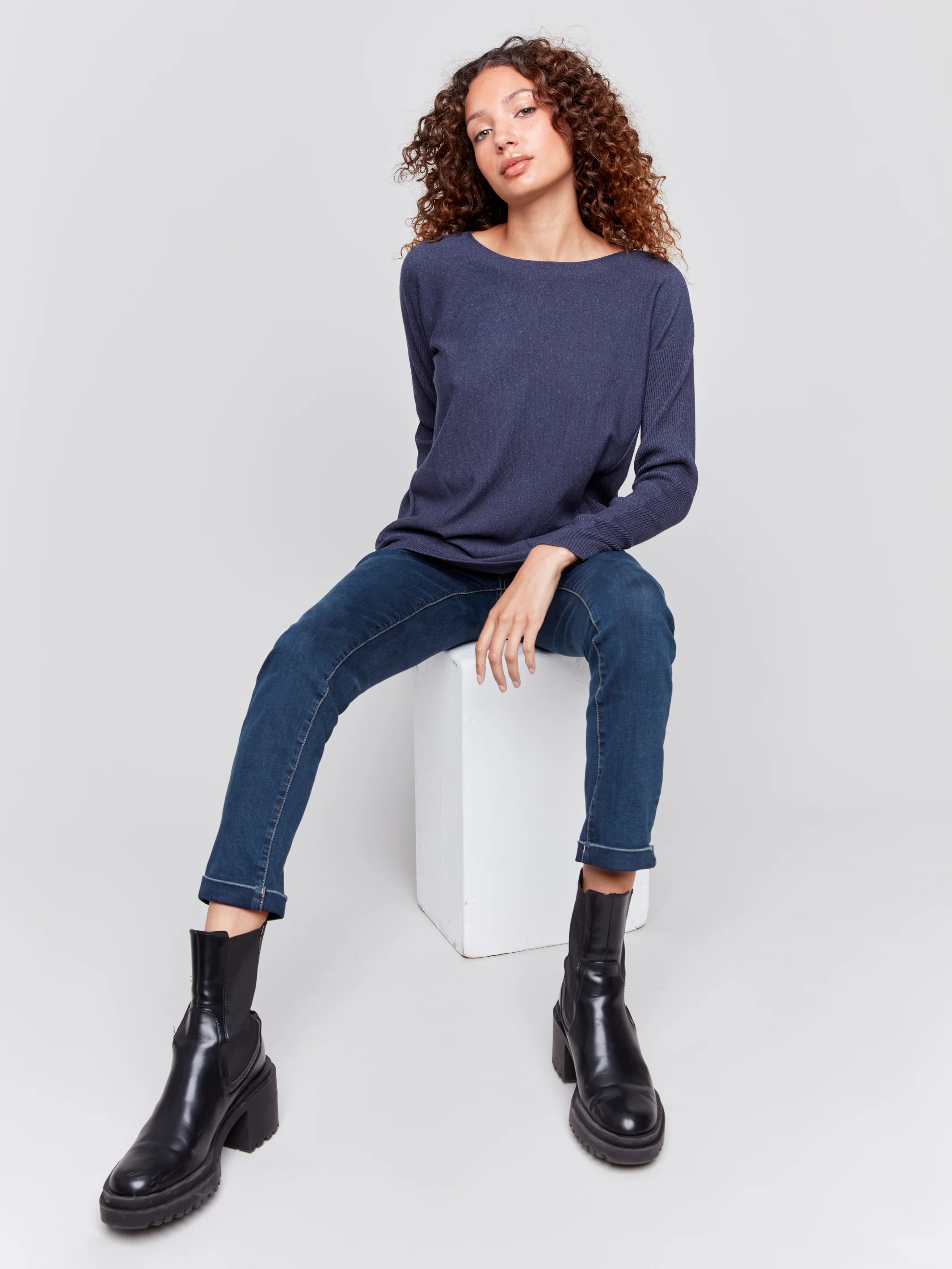 Charlie B -C2170W-011-Plushy Knit Crew Neck Sweater-Denim - Image 3