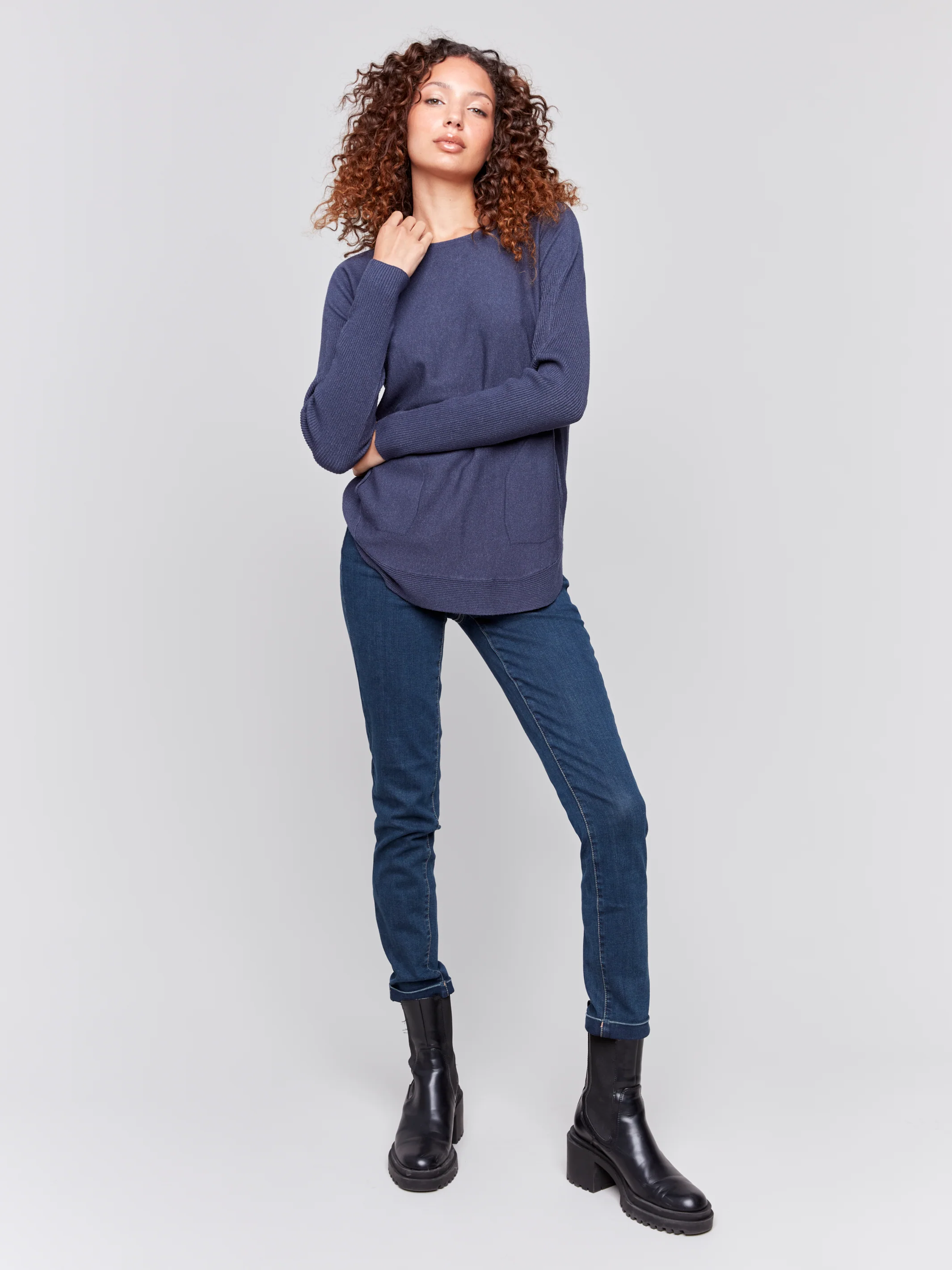 Charlie B -C2170W-011-Plushy Knit Crew Neck Sweater-Denim - Image 4