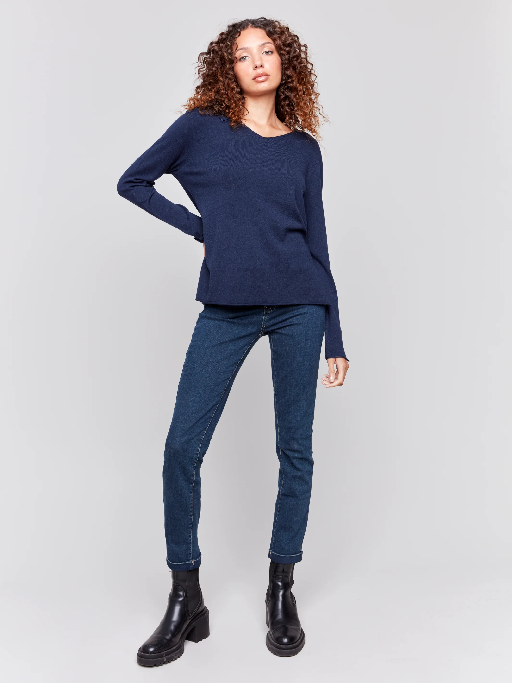 Charlie B -C2279Z-117-Solid Basic Sweater-Navy - Image 2