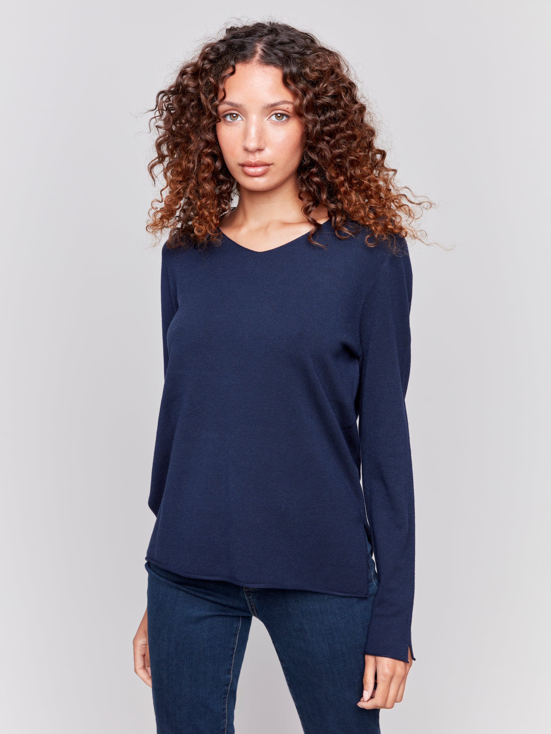 Charlie B -C2279Z-117-Solid Basic Sweater-Navy - Image 3
