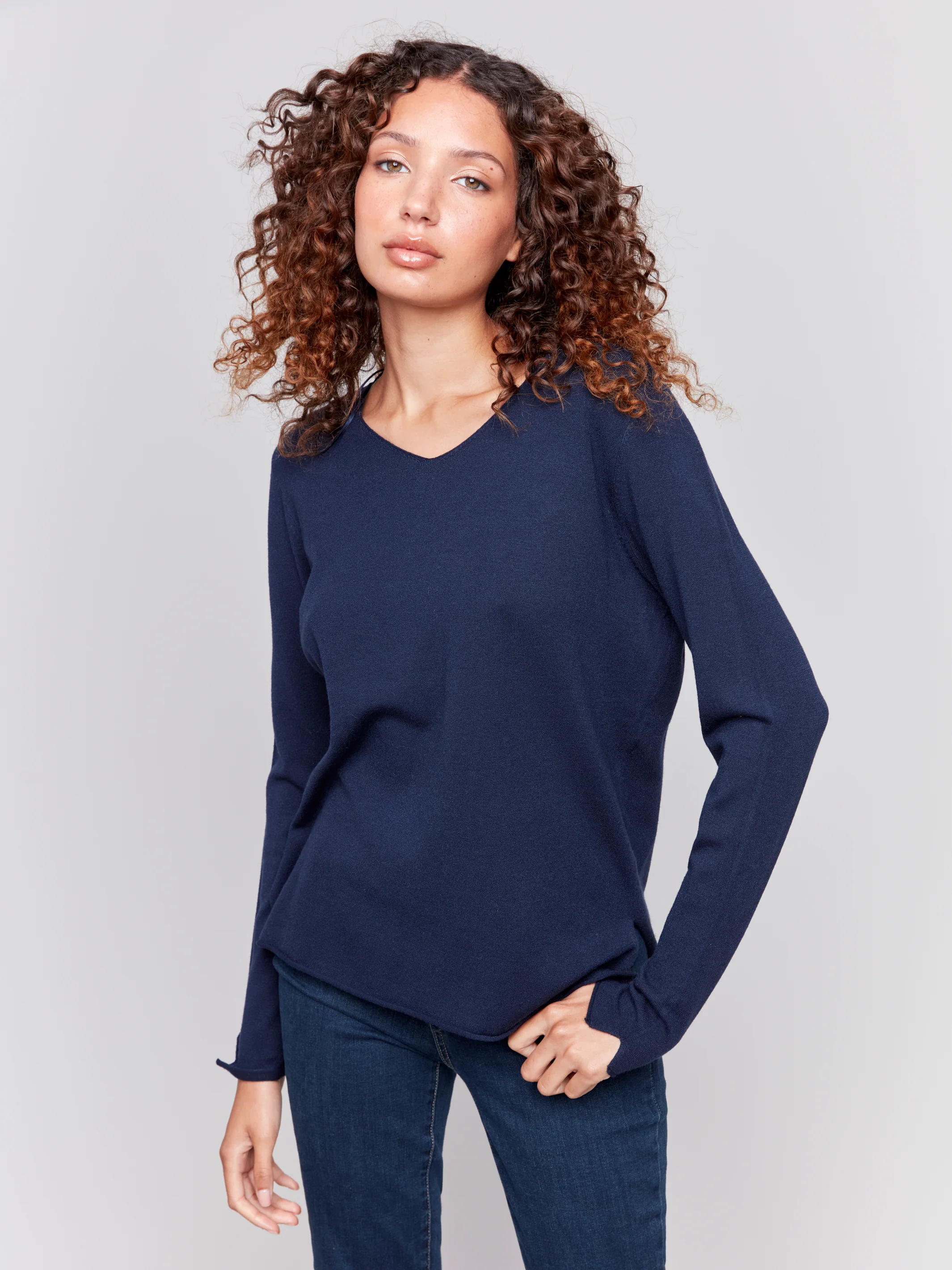Charlie B -C2279Z-117-Solid Basic Sweater-Navy - Image 4