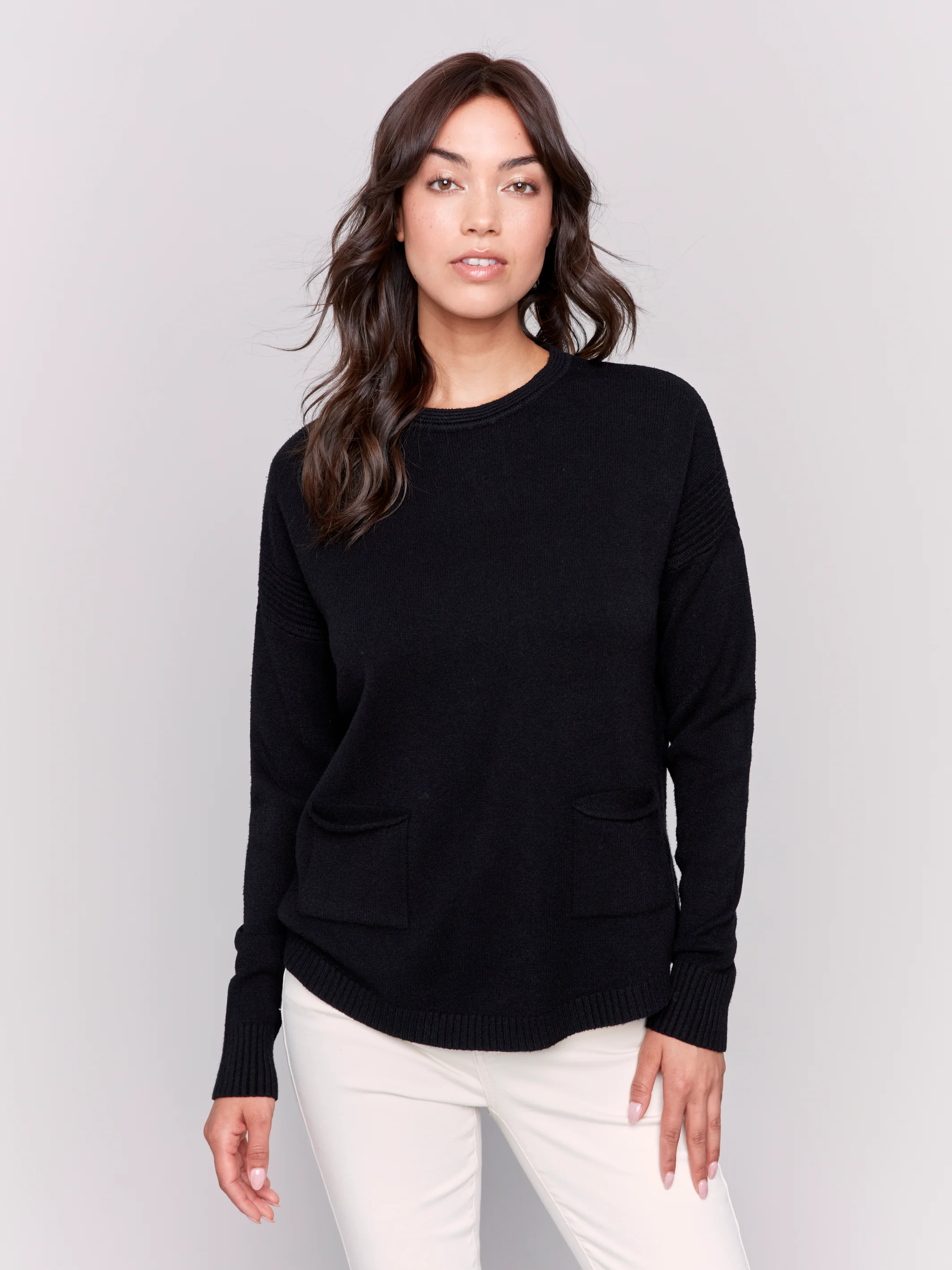 Charlie B -C2420RR-001-Sweater W/Removable Scarf-Black - Image 4