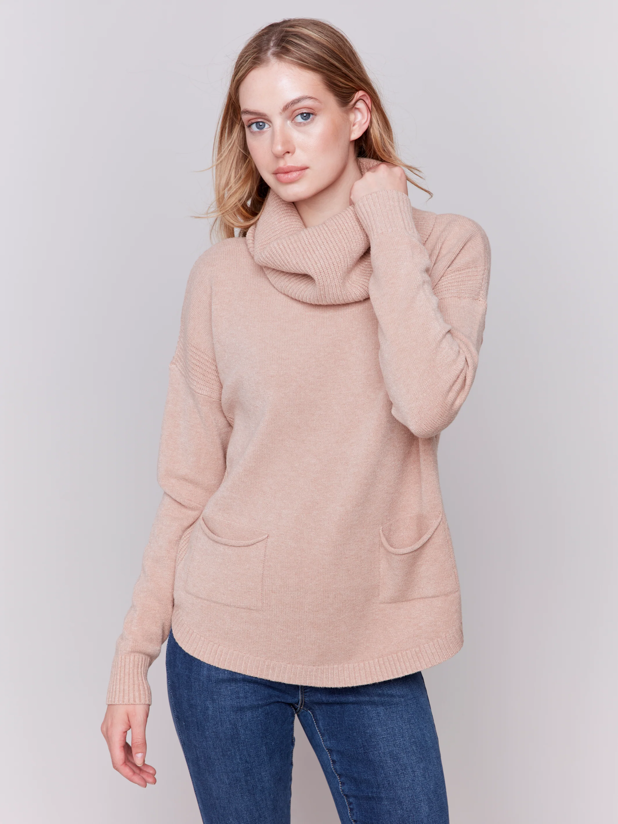 Charlie B -C2420RR-511-Sweater W/Removable Scarf-Truffle - Image 2