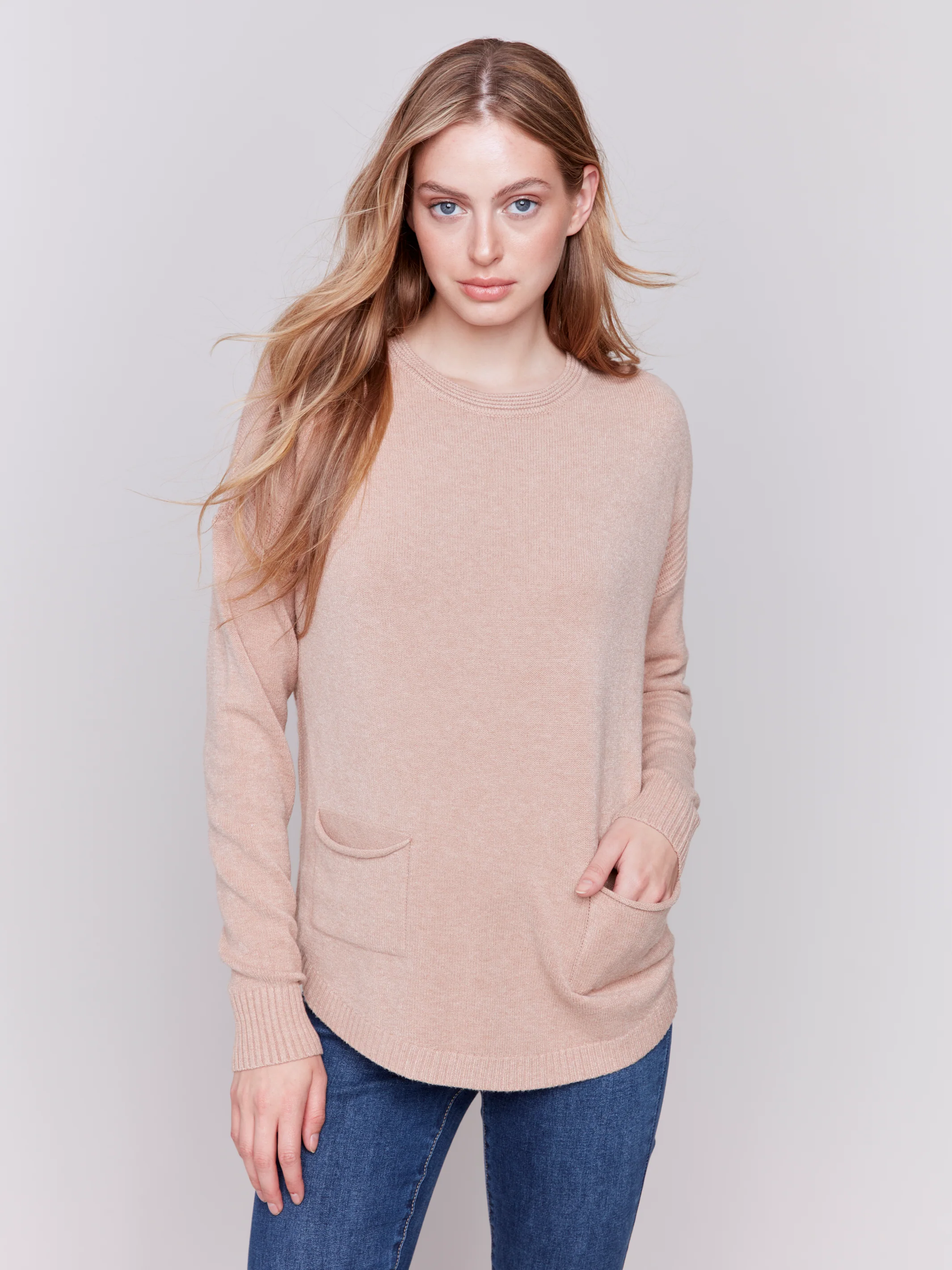 Charlie B -C2420RR-511-Sweater W/Removable Scarf-Truffle - Image 4