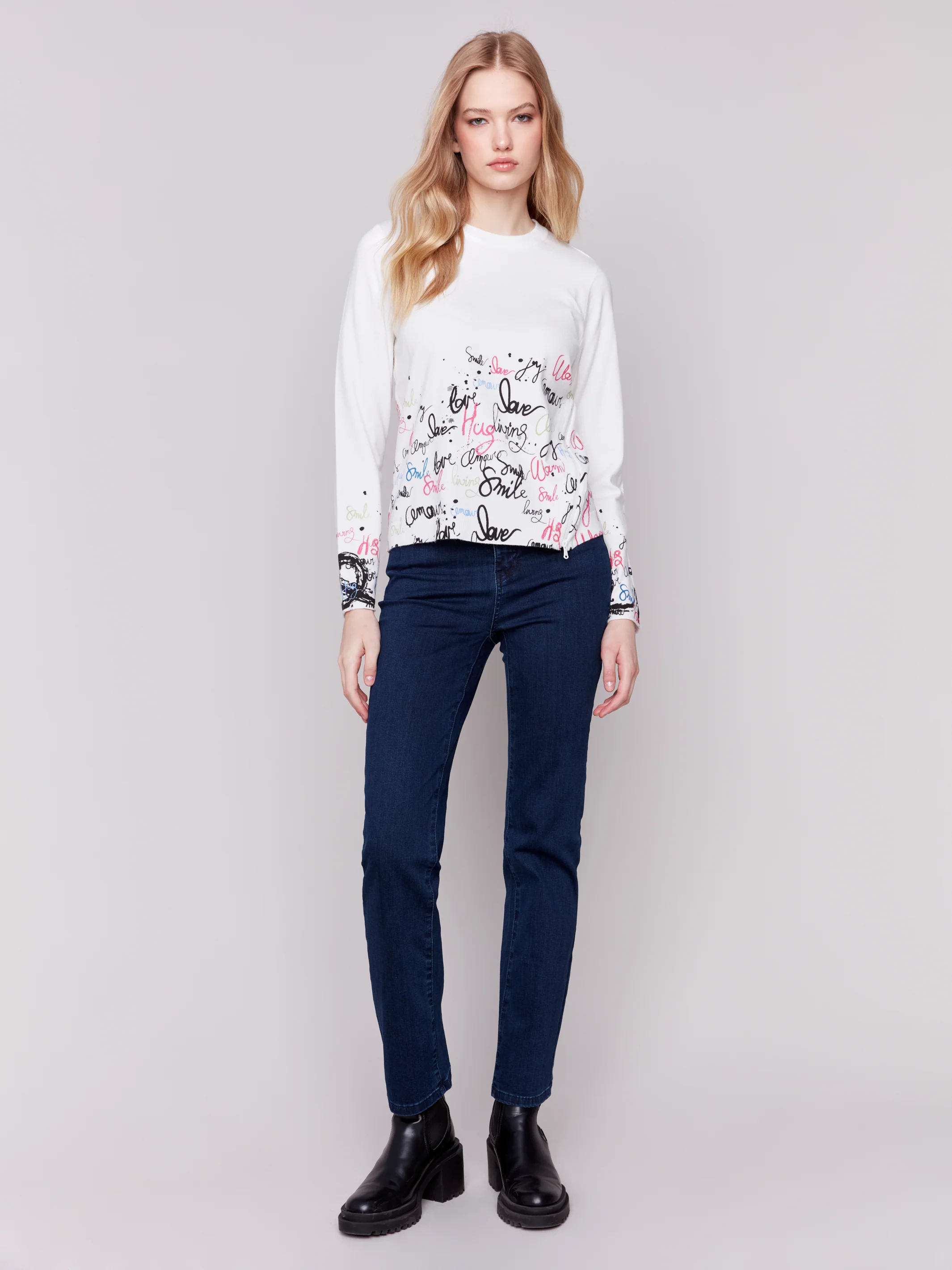 Charlie B -C2571PR-P009-Knit Sweater W/Tipping At Neck And Zipper At Front-Cream