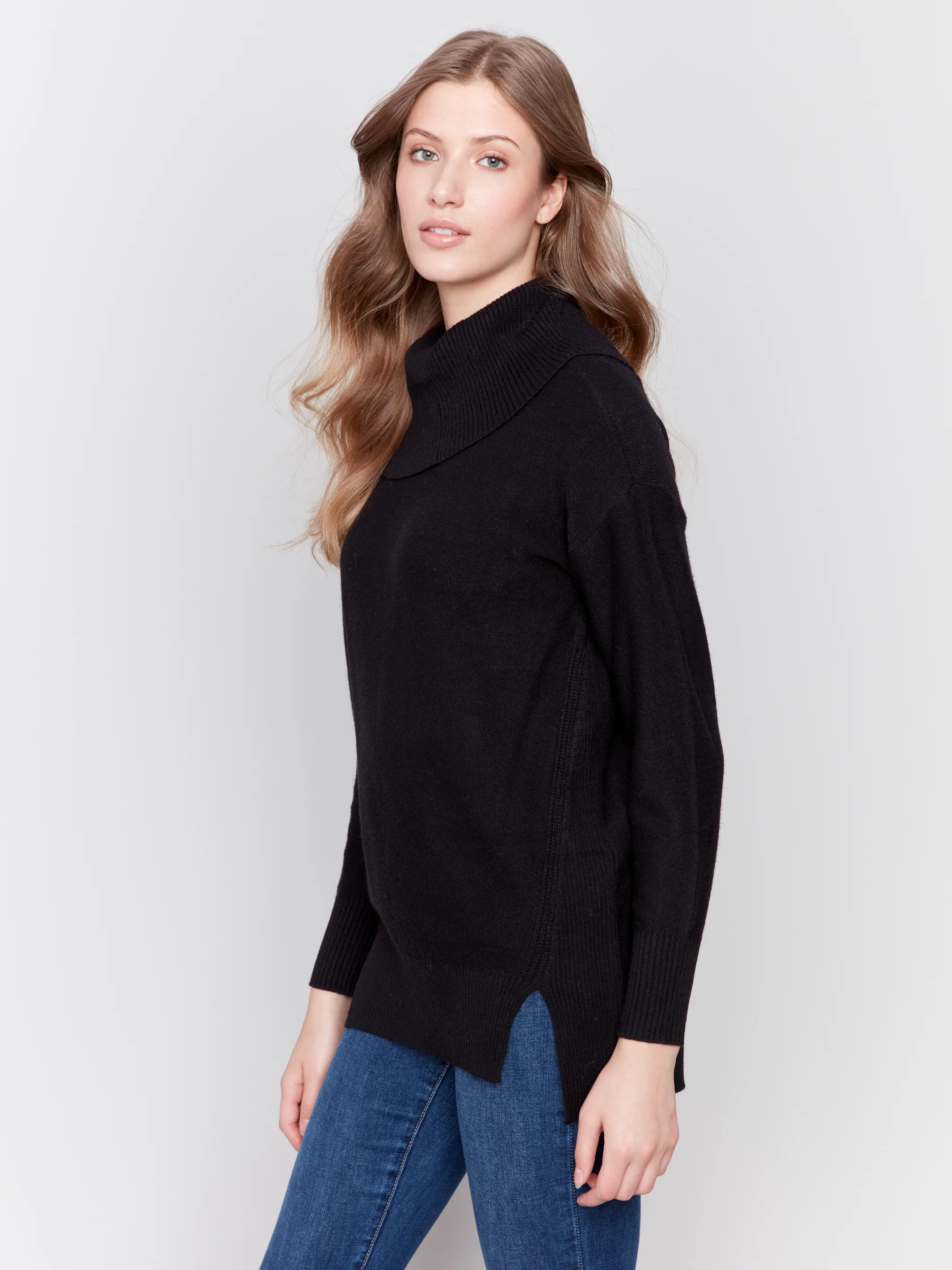 Charlie B -C2659-001-Long Cowl Neck Tunic Sweater-Black - Image 3