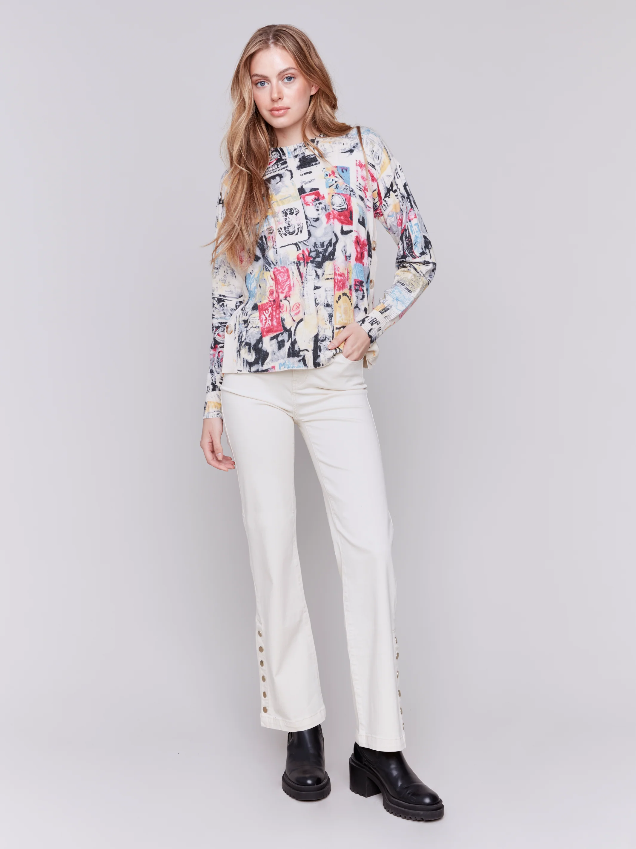 Charlie B -C2668P-P684-Sweater W/Side Button-Cartoon - Image 3