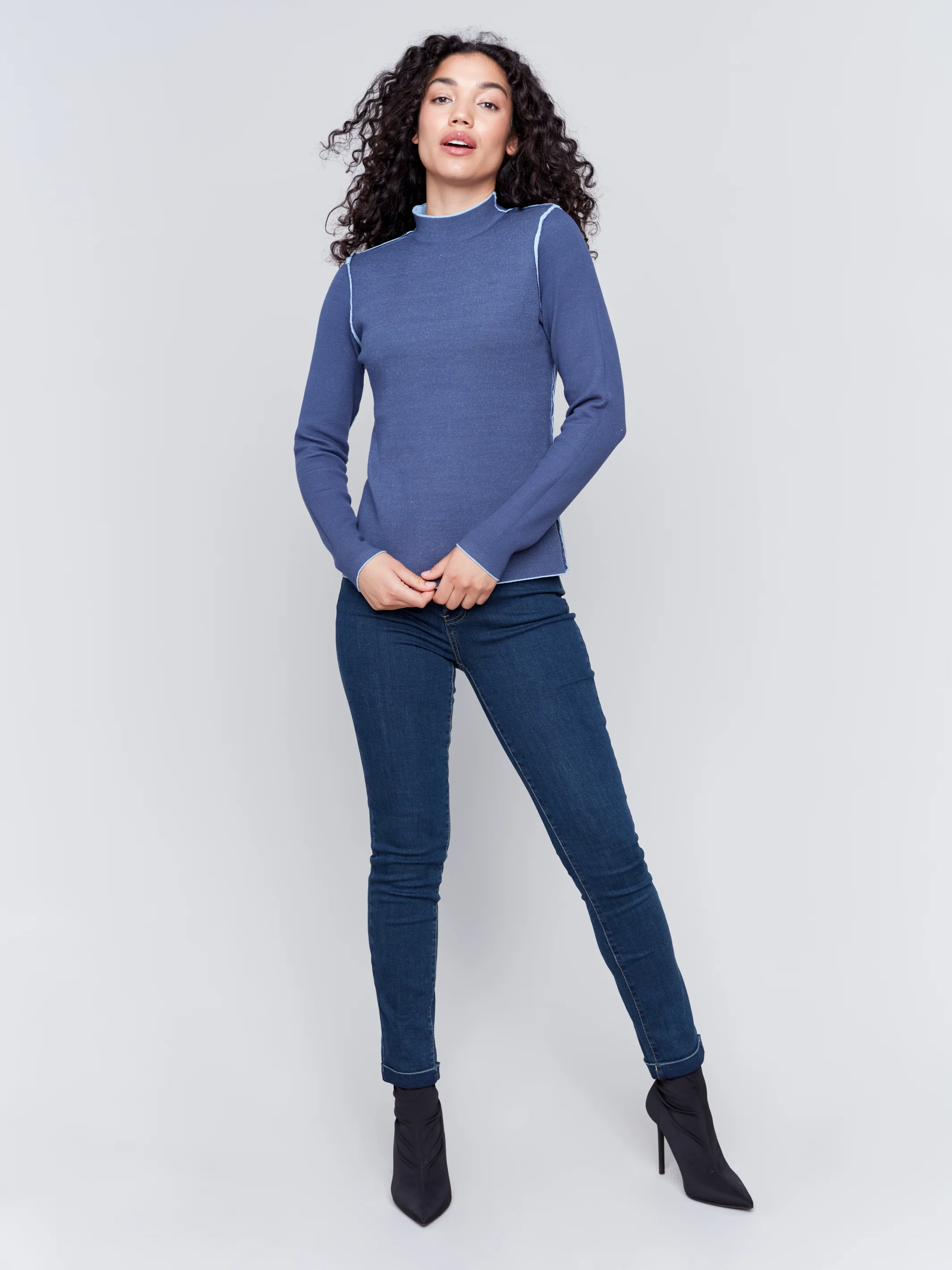 Charlie B -C2681-656-Reversible Jacquard Mock Neck Sweater-H-Frost - Image 4