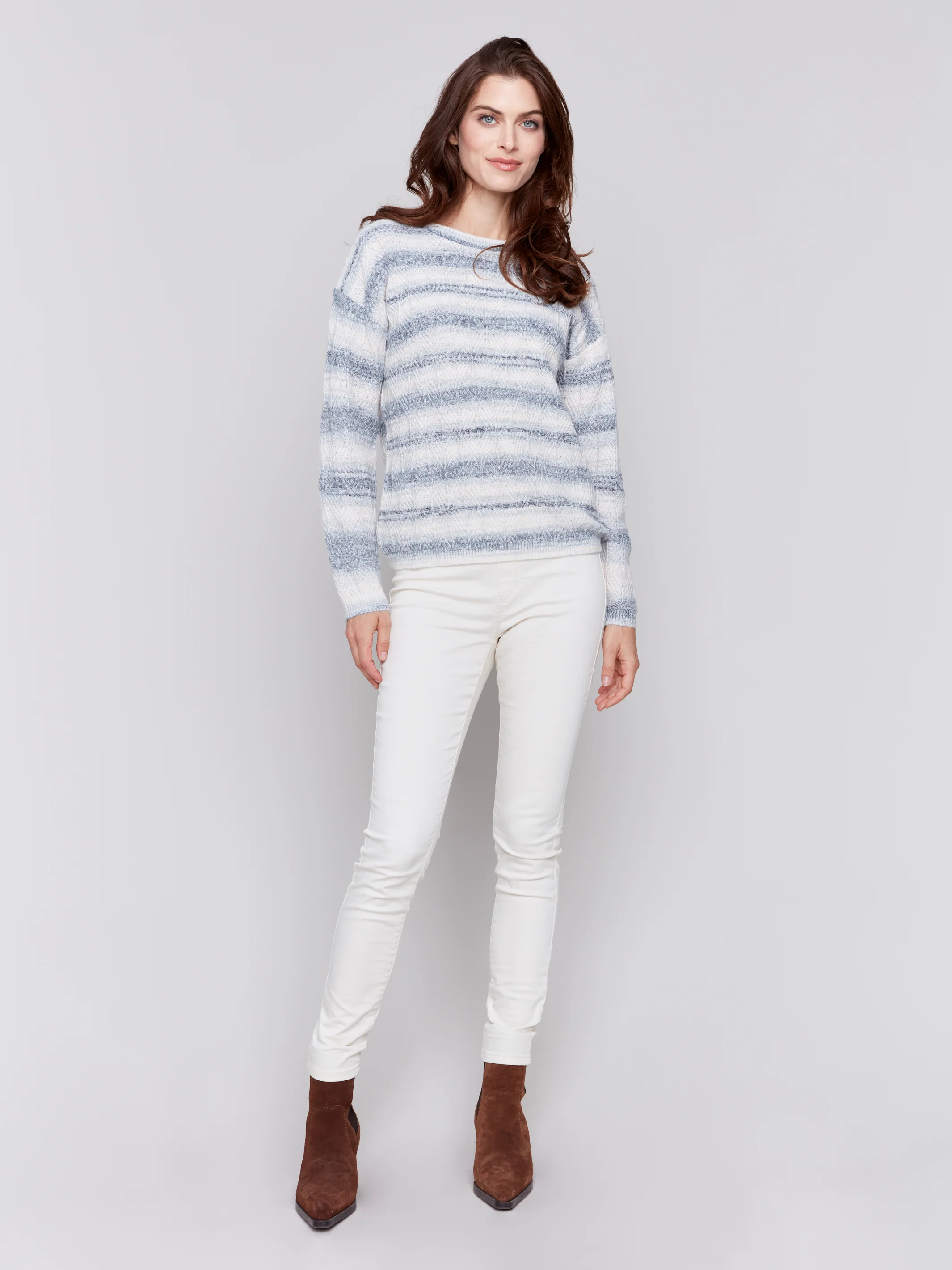 Charlie B -C2682-P392-Space Dye Stripes Sweater-Coastal