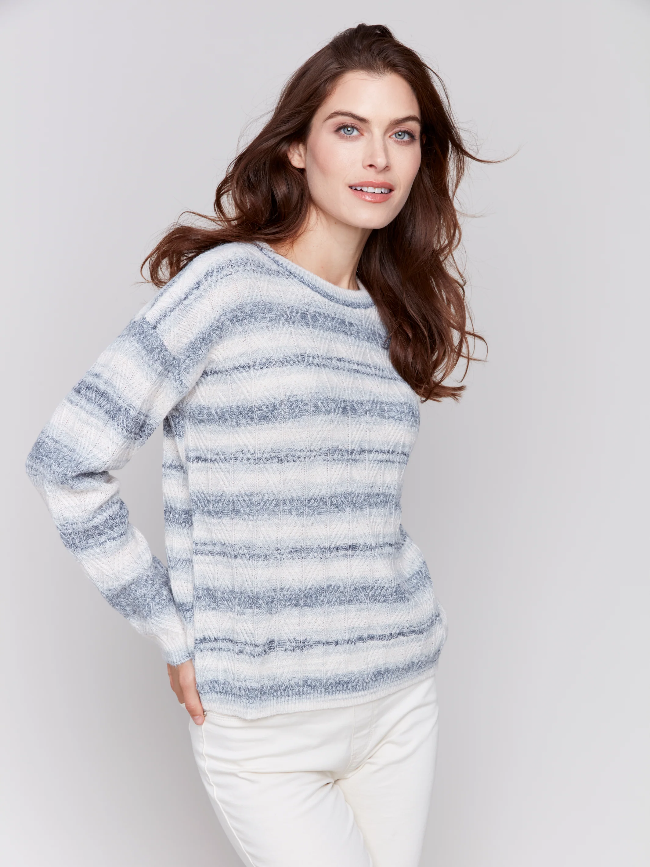 Charlie B -C2682-P392-Space Dye Stripes Sweater-Coastal - Image 3