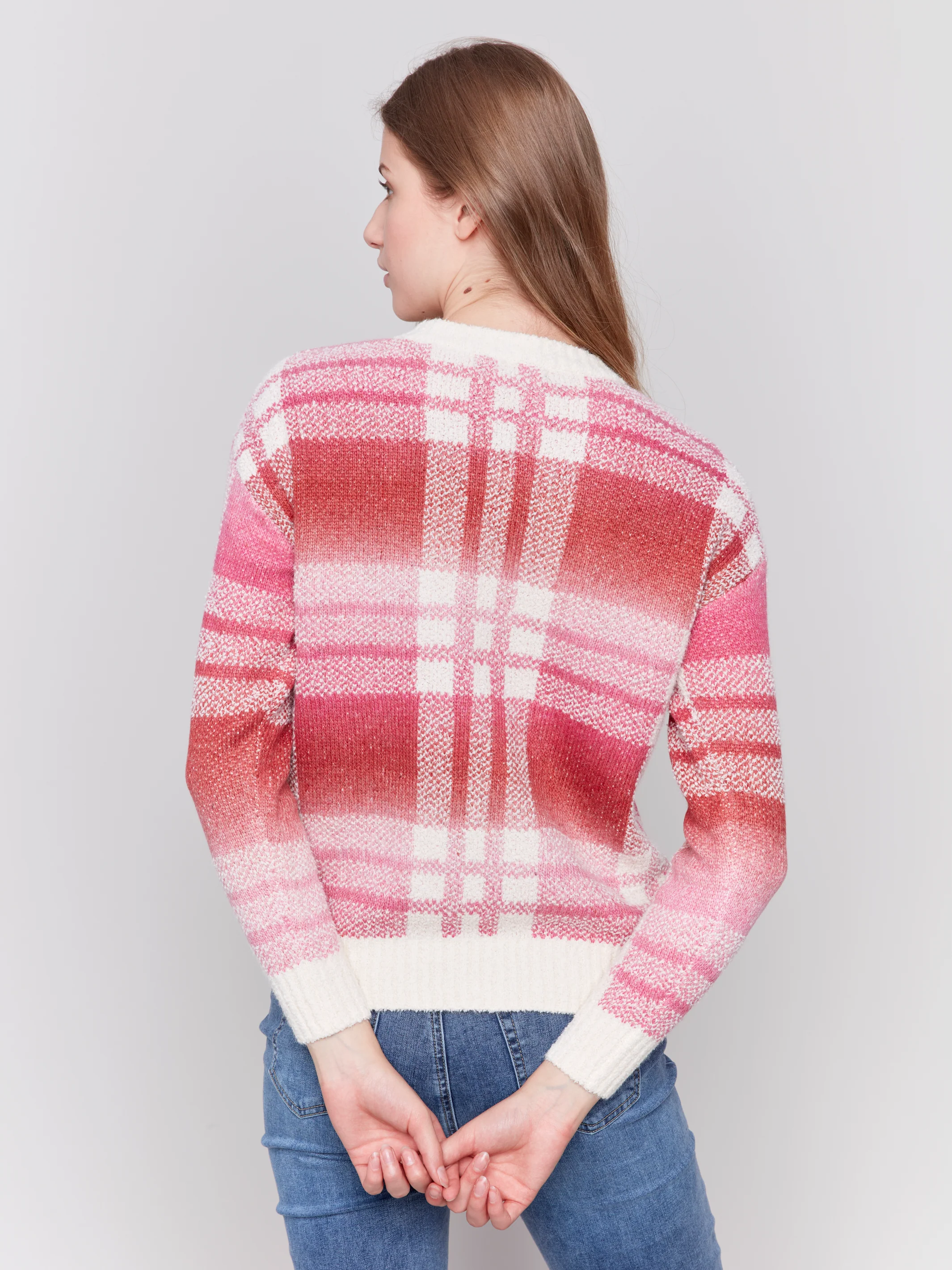 Charlie B -C2709-P017-Plaid Space Dye Sweater-Magenta - Image 3