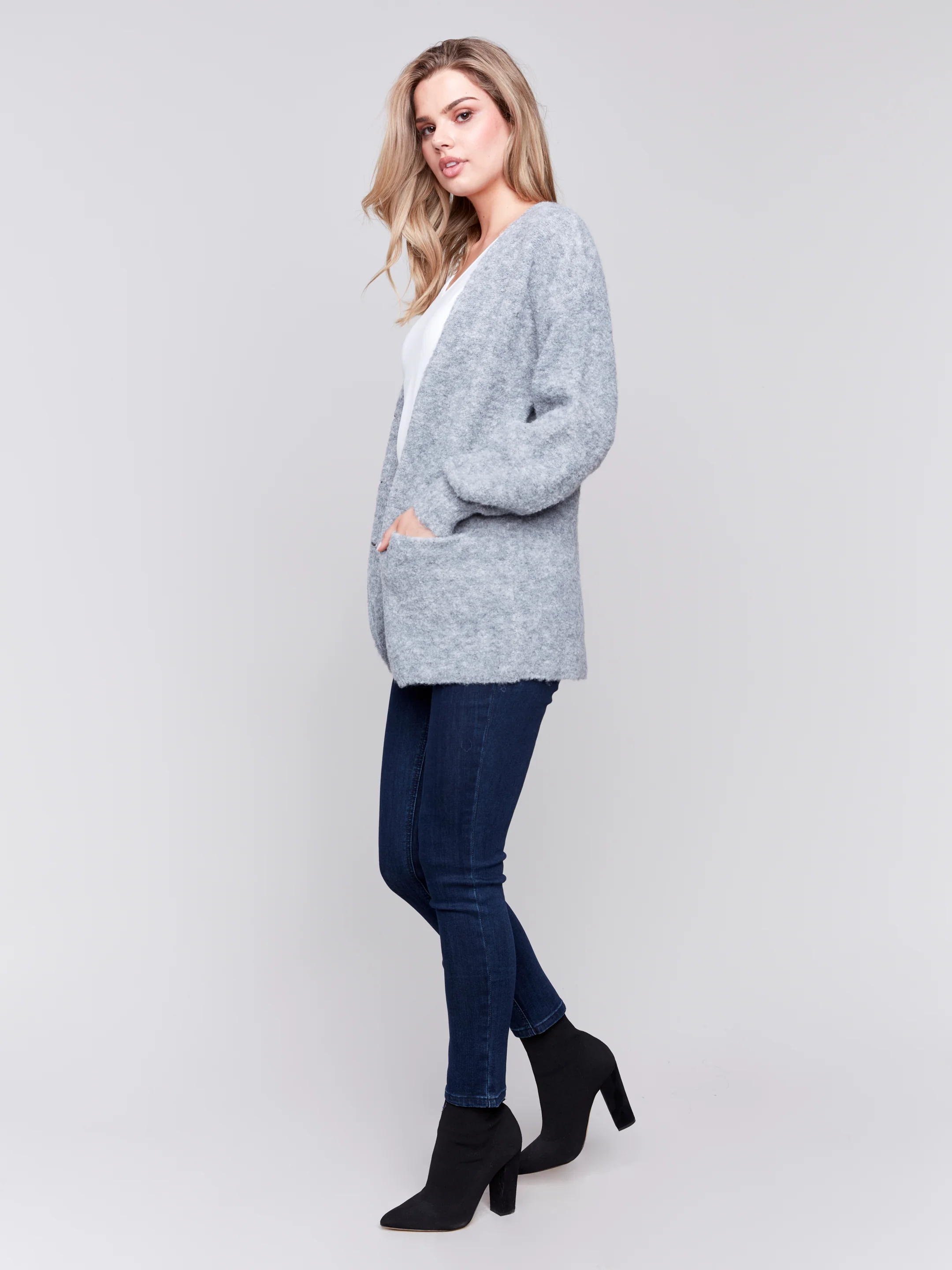 Charlie B -C2747-008-Boucle Knit Long Cardigan-H-Grey - Image 3