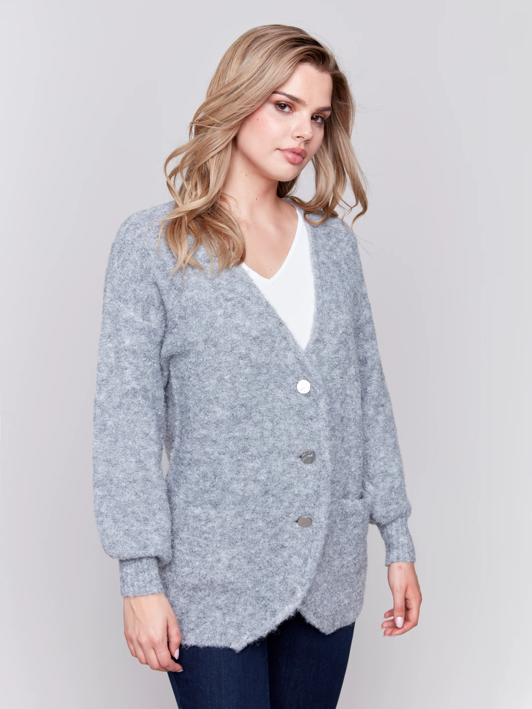 Charlie B -C2747-008-Boucle Knit Long Cardigan-H-Grey - Image 4