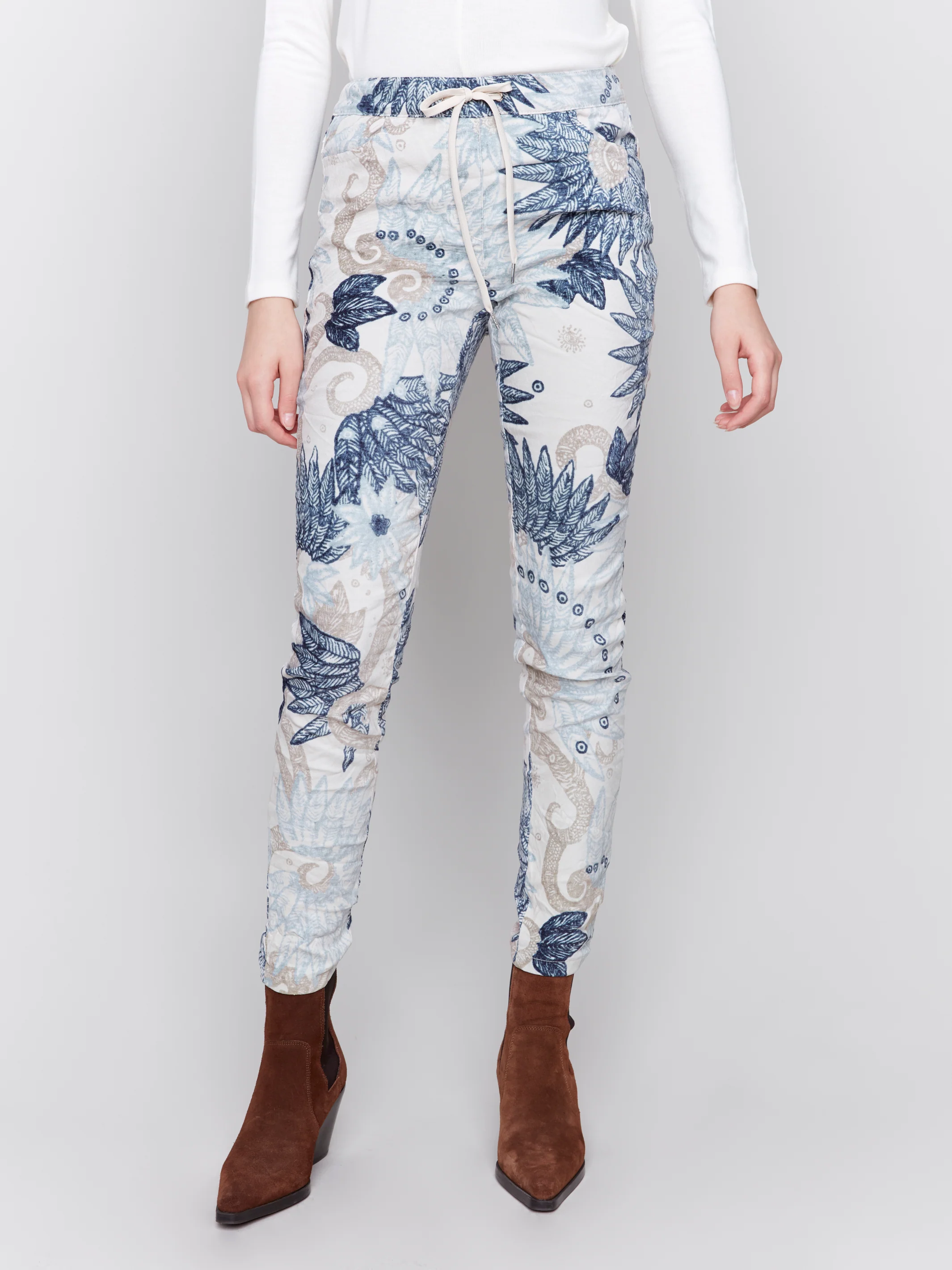 Charlie B -C5226X-P117-Crinkled Printed Suede Pull On Pant-Navy - Image 2