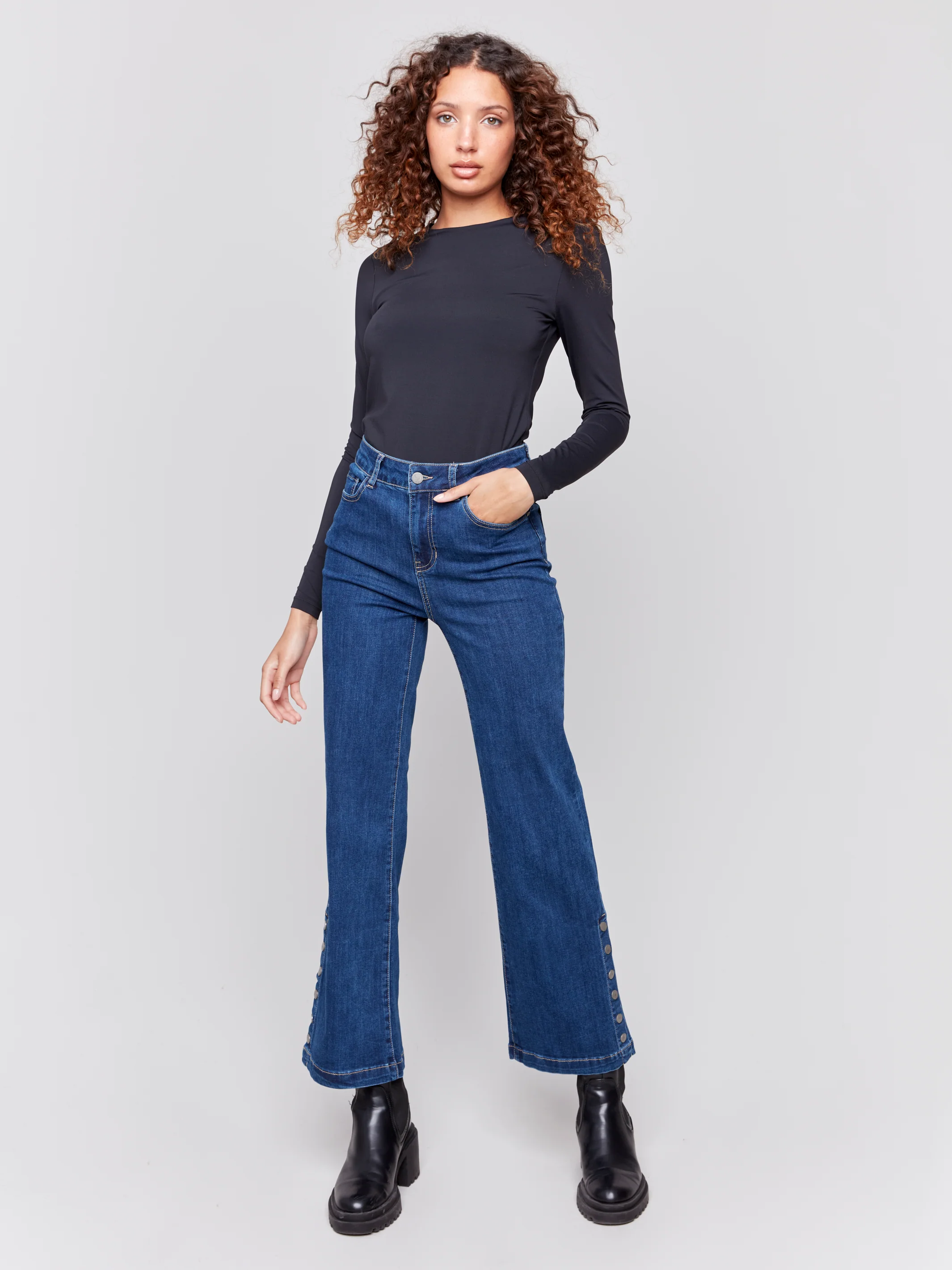 Charlie B -C5549-007-Side Button Flare Leg Pant-Indigo - Image 2