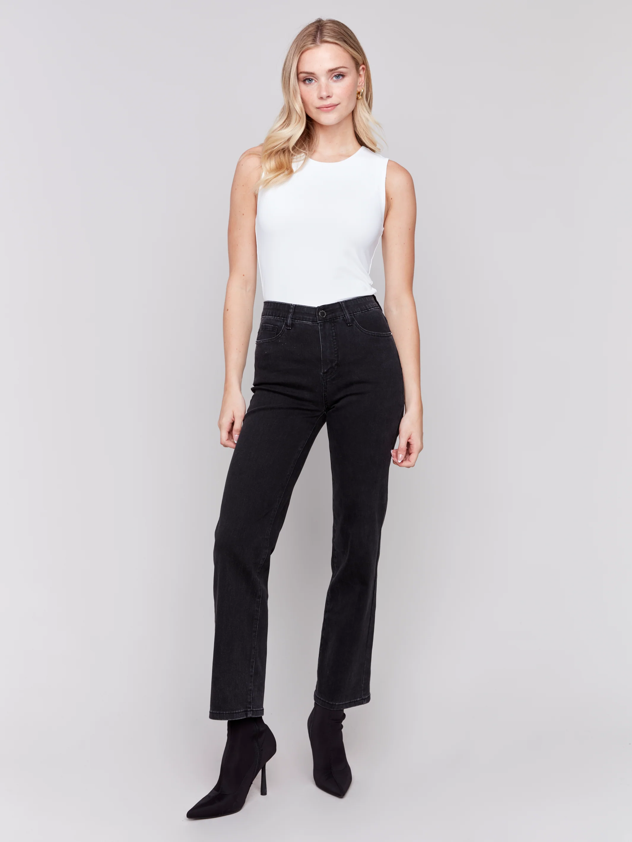 Charlie B -C5584-038-Straight Leg Pant W/Elastic At Waistband-Charcoal - Image 4