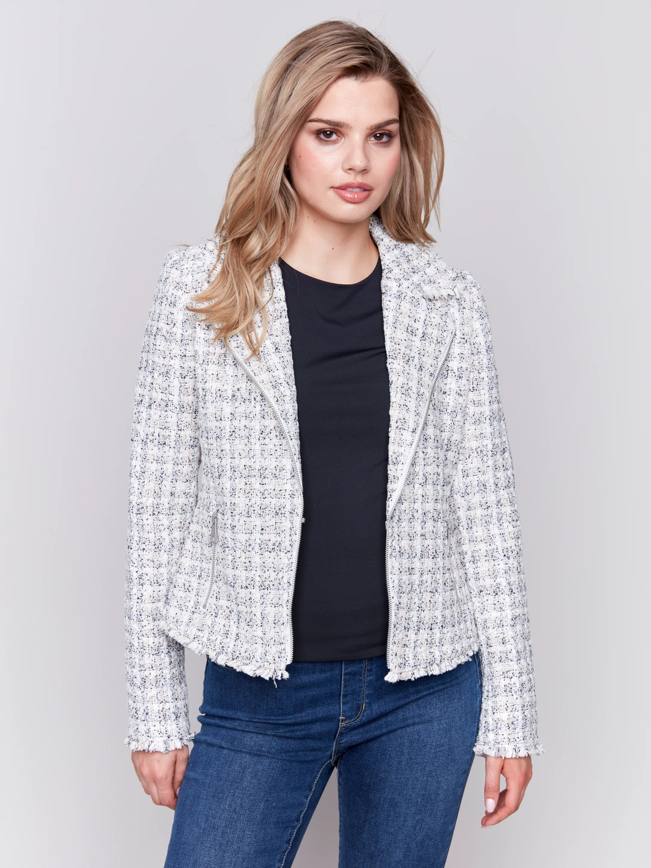 Charlie B -C6315-P011-Tweed Perfecto Jacket-White - Image 2