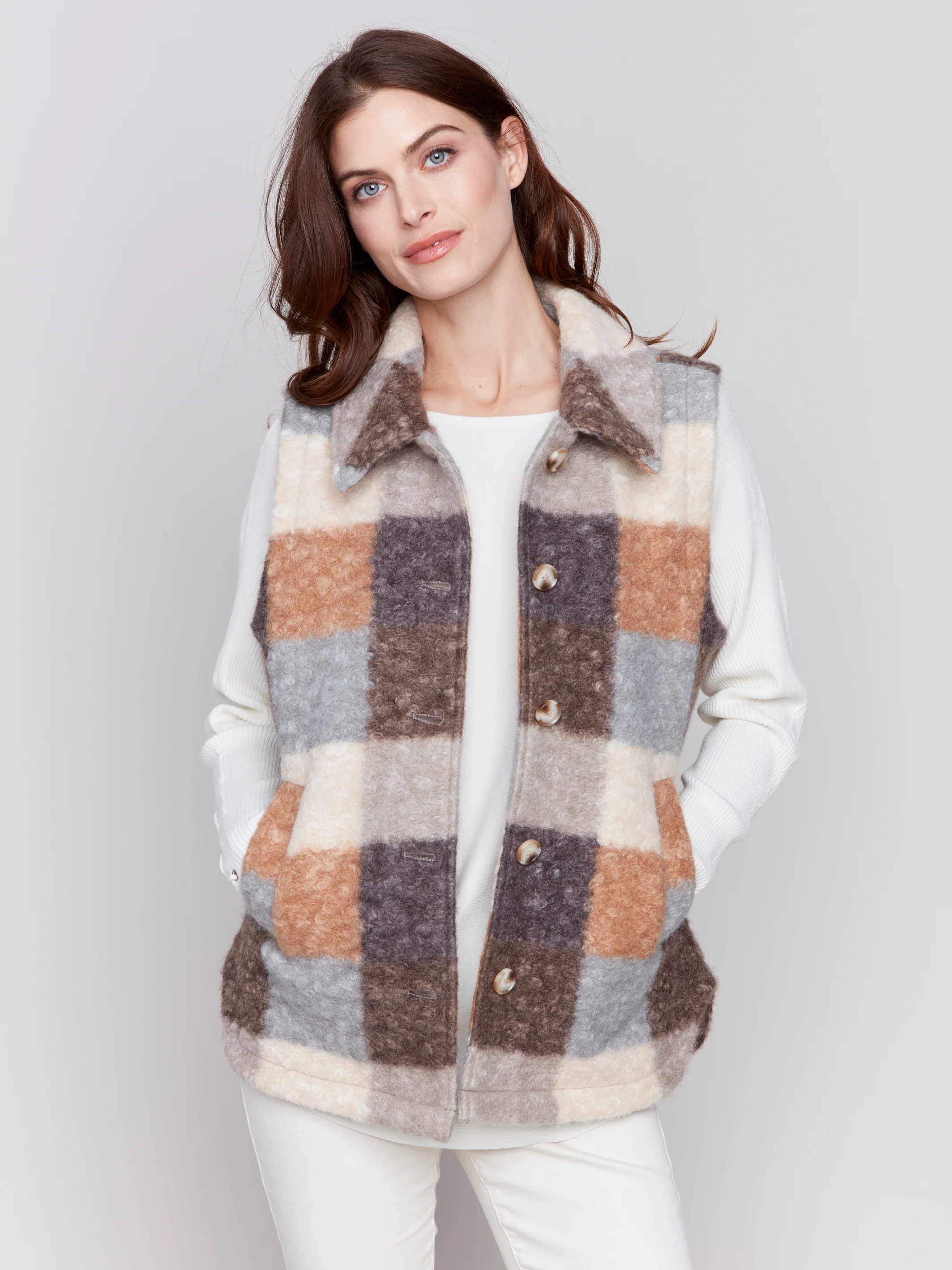 Charlie B -C6319-9664-Plaid Boucle Vest-Terracotta - Image 2