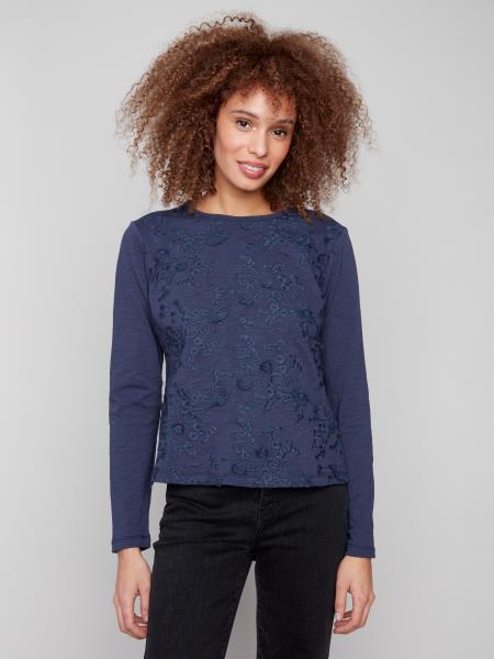 Charlie B -C1408EPK-419C-Crew Neck Embroidered Jersey Top-Moon Light