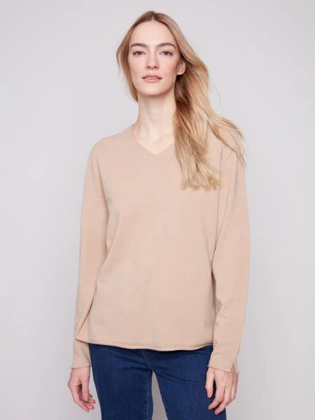 Charlie B -C2799RR-464A-V Neck Basic Sweater-Sesame