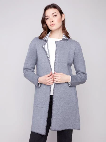 Charlie B -C2844P-736A-Jacquard Reversible Cardigan-H-Grey