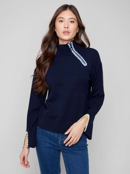 Charlie B -C2889-974A-Mock Neck Sweater W/ Zipper And Crochet Detail-Navy