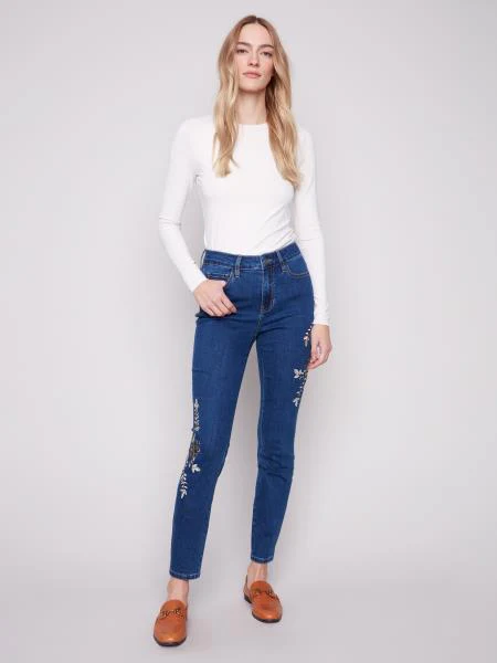 Charlie B -C5672-431A-Beaded Embroidery Skinny Leg Stretch Denim Pants-Indigo