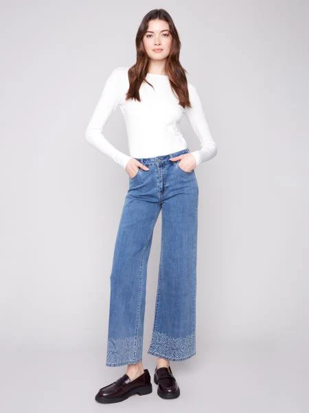 Charlie B -C5701-431A-Wide Leg Stretch Denim Pants W/Patterned Studs At Hem-Medium Blue