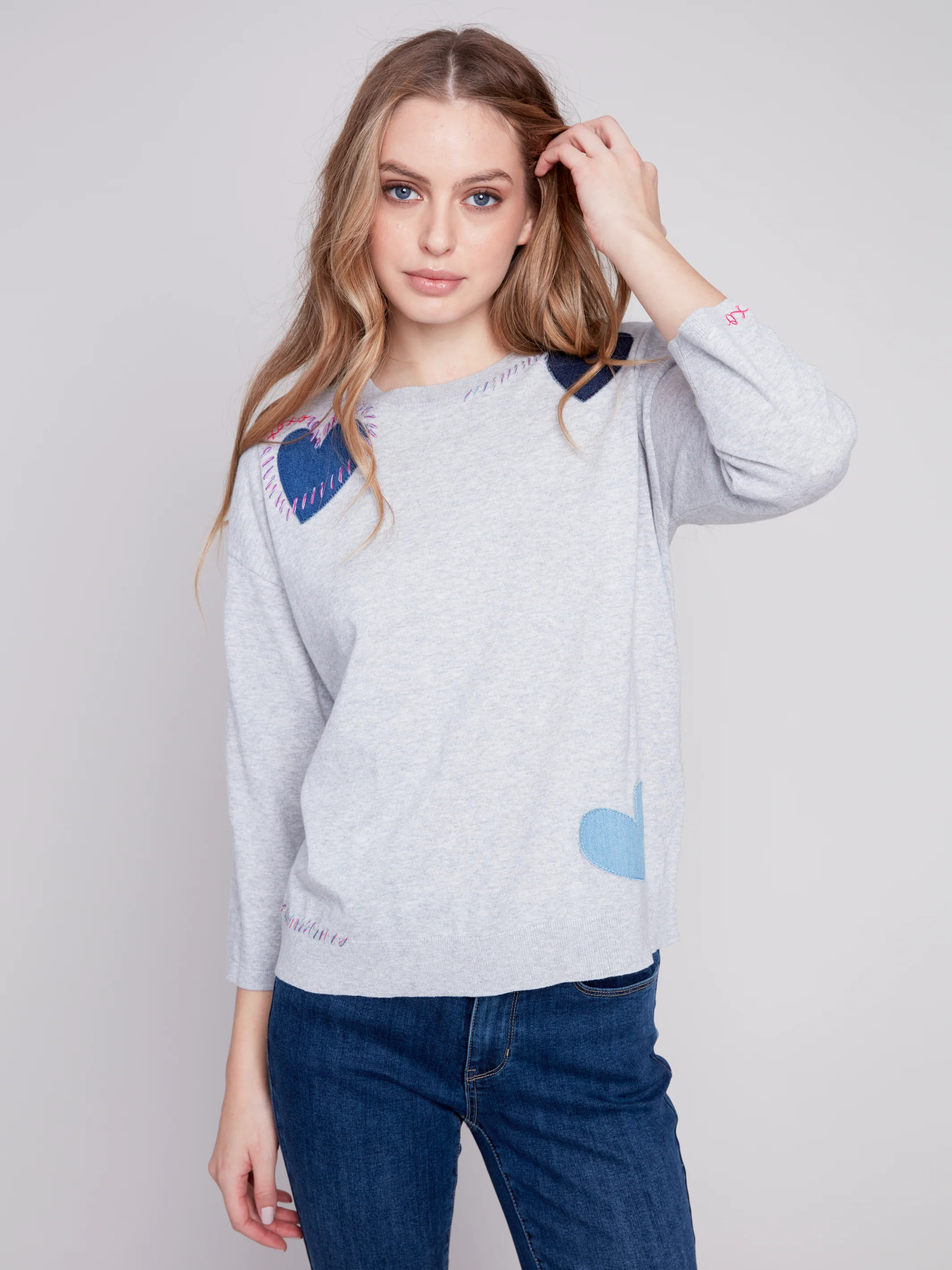 Charlie B -C2643-261B-Sweater W/Hearts-H Grey - Image 2