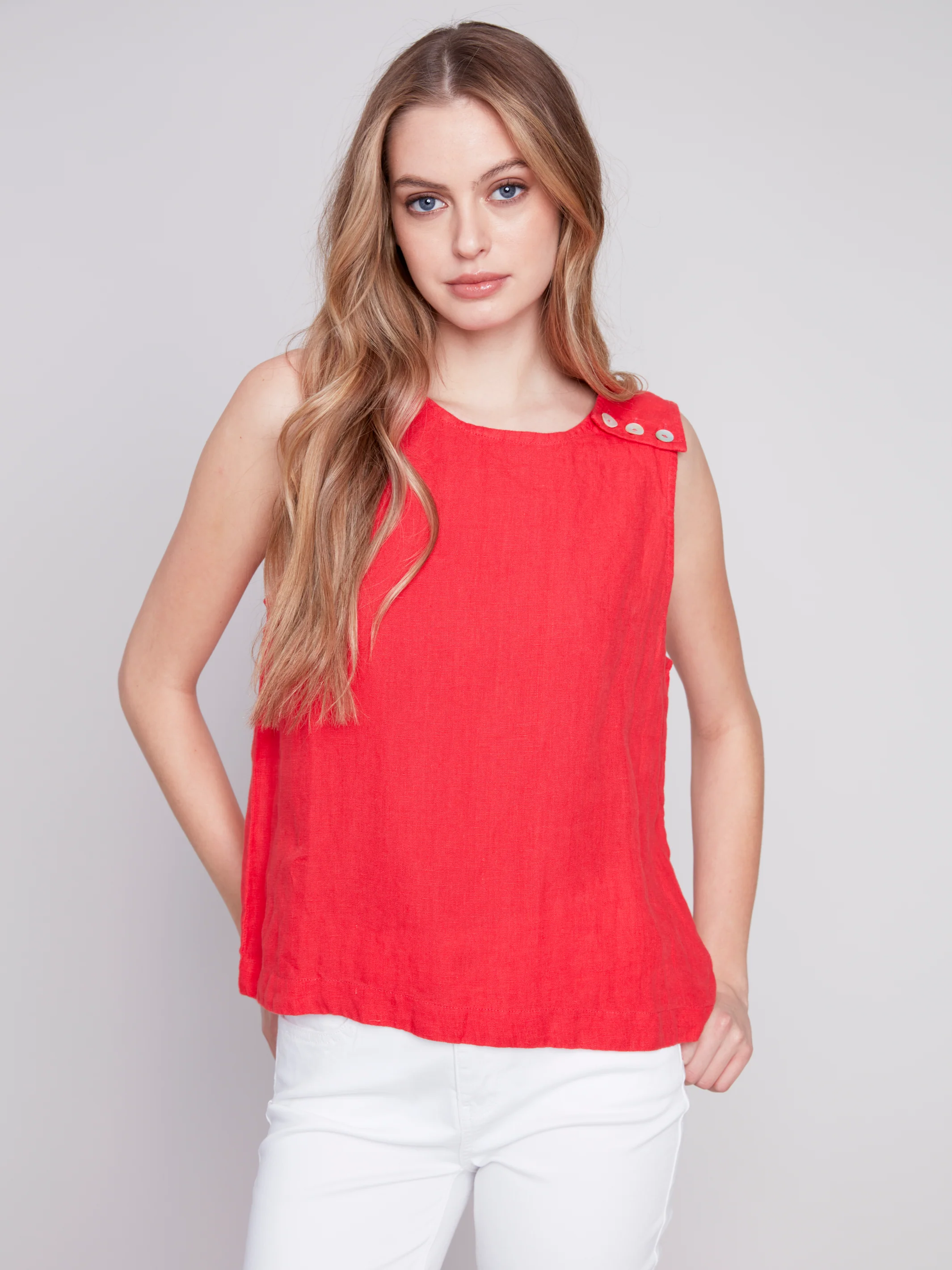 Charlie B -C4544-844C-Sleeveless Linen Top-Cherry - Image 2