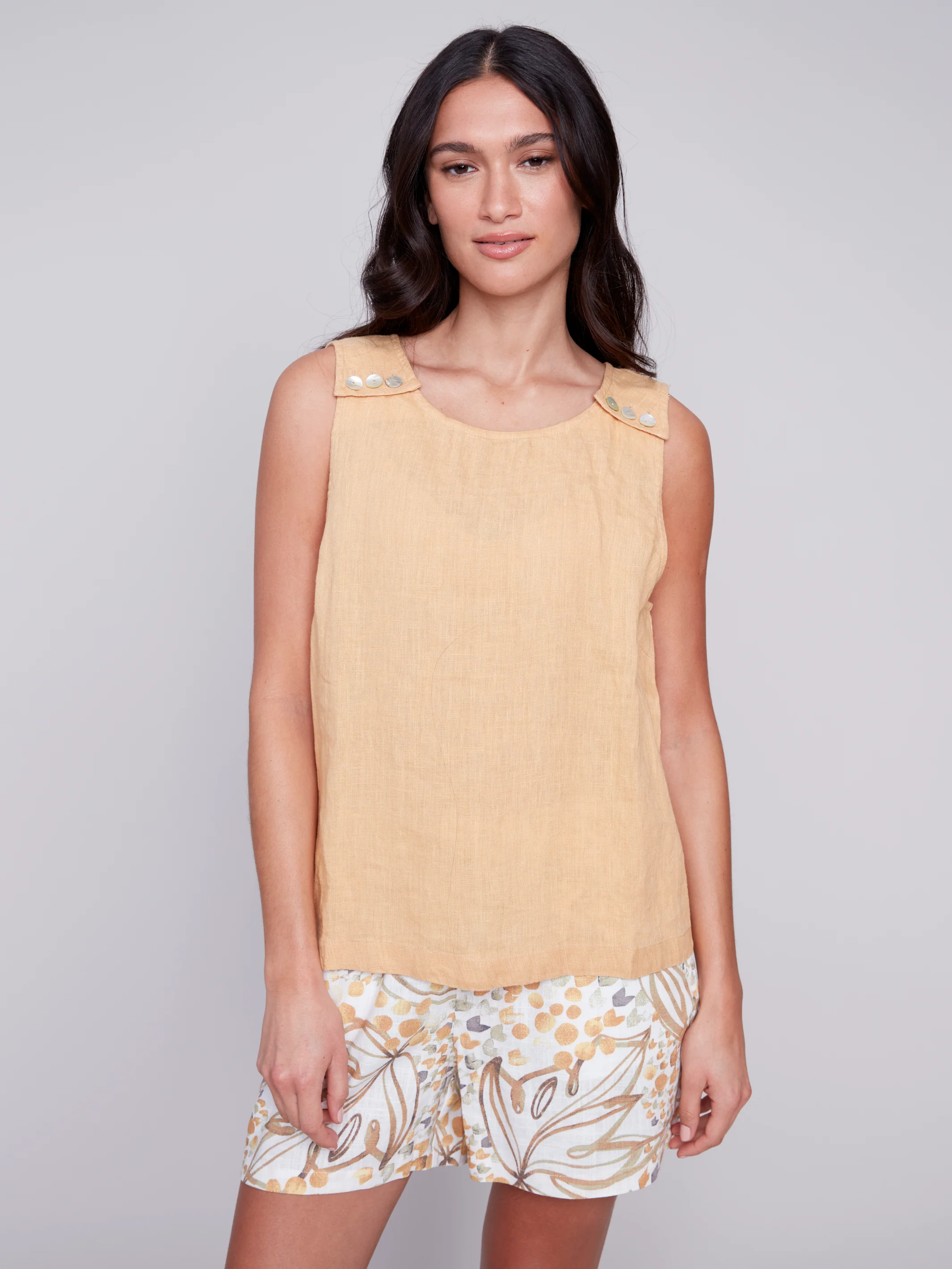 Charlie B -C4544-844C-Sleeveless Linen Top-Corn - Image 2