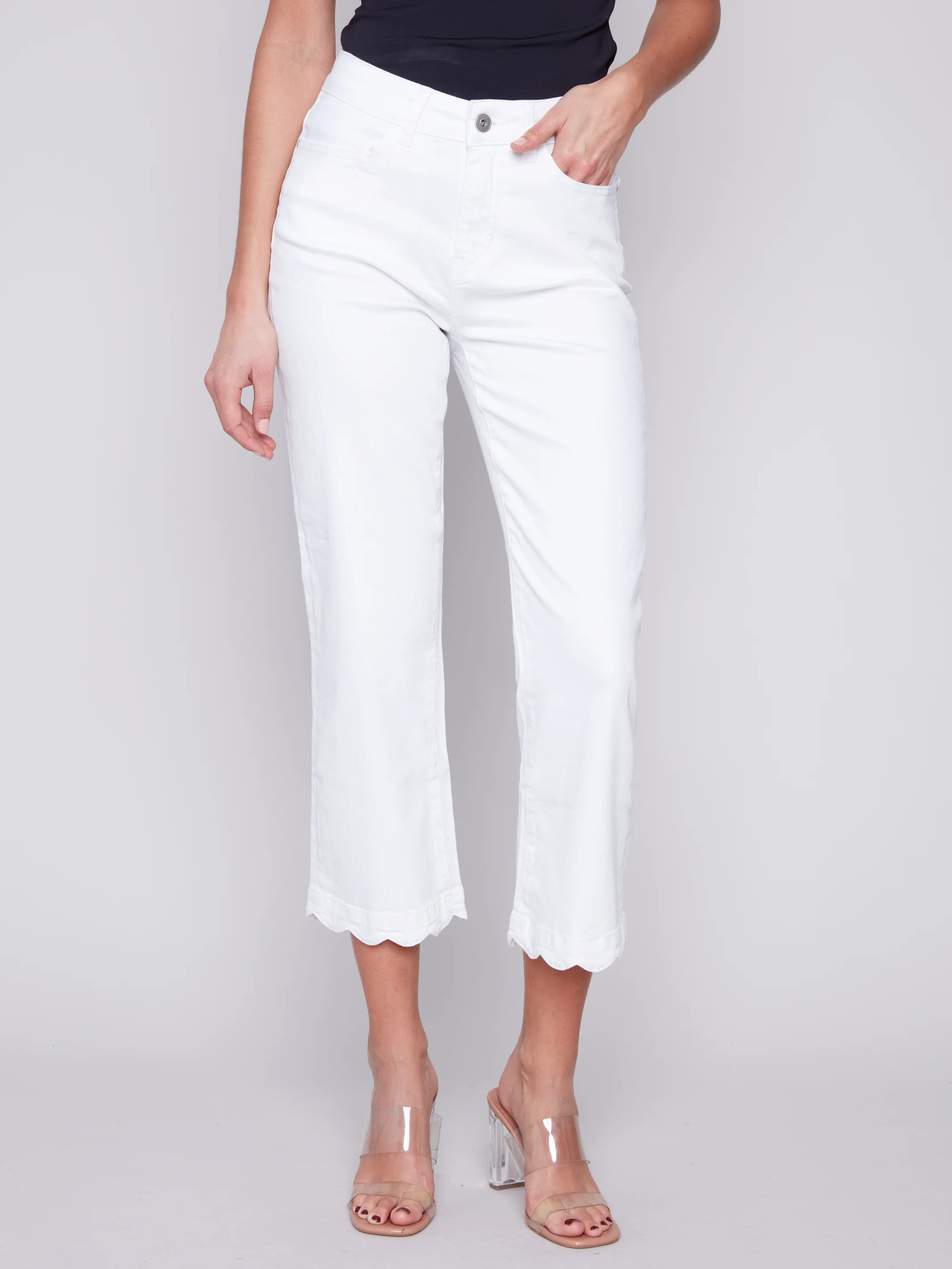 Charlie B -C5512-615A-Lace Hem Denim Pant-White - Image 2