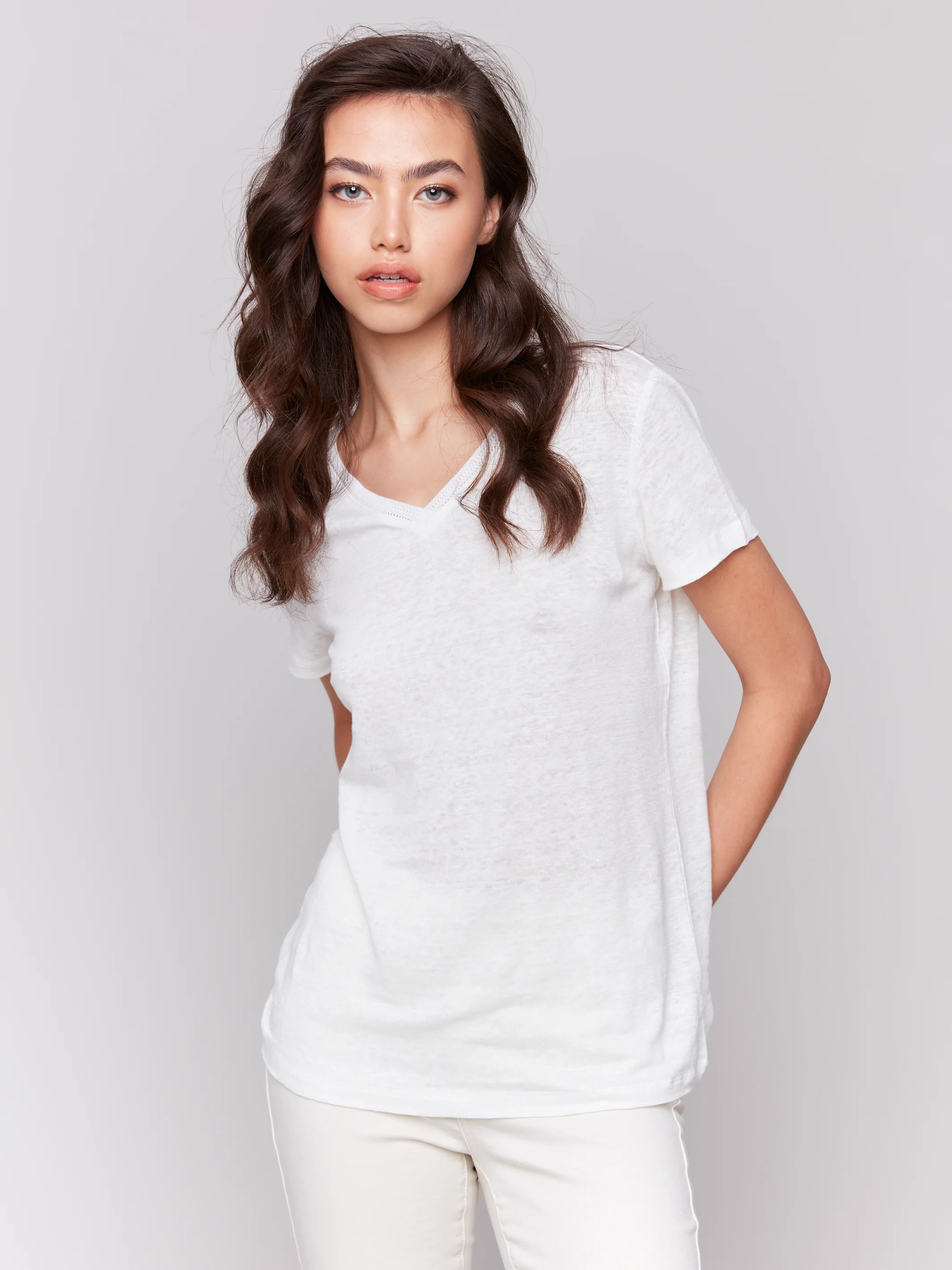 Charlie B -C1231TPK-100-Short Sleeve V Neck Linen T Shirt-Natural - Image 2
