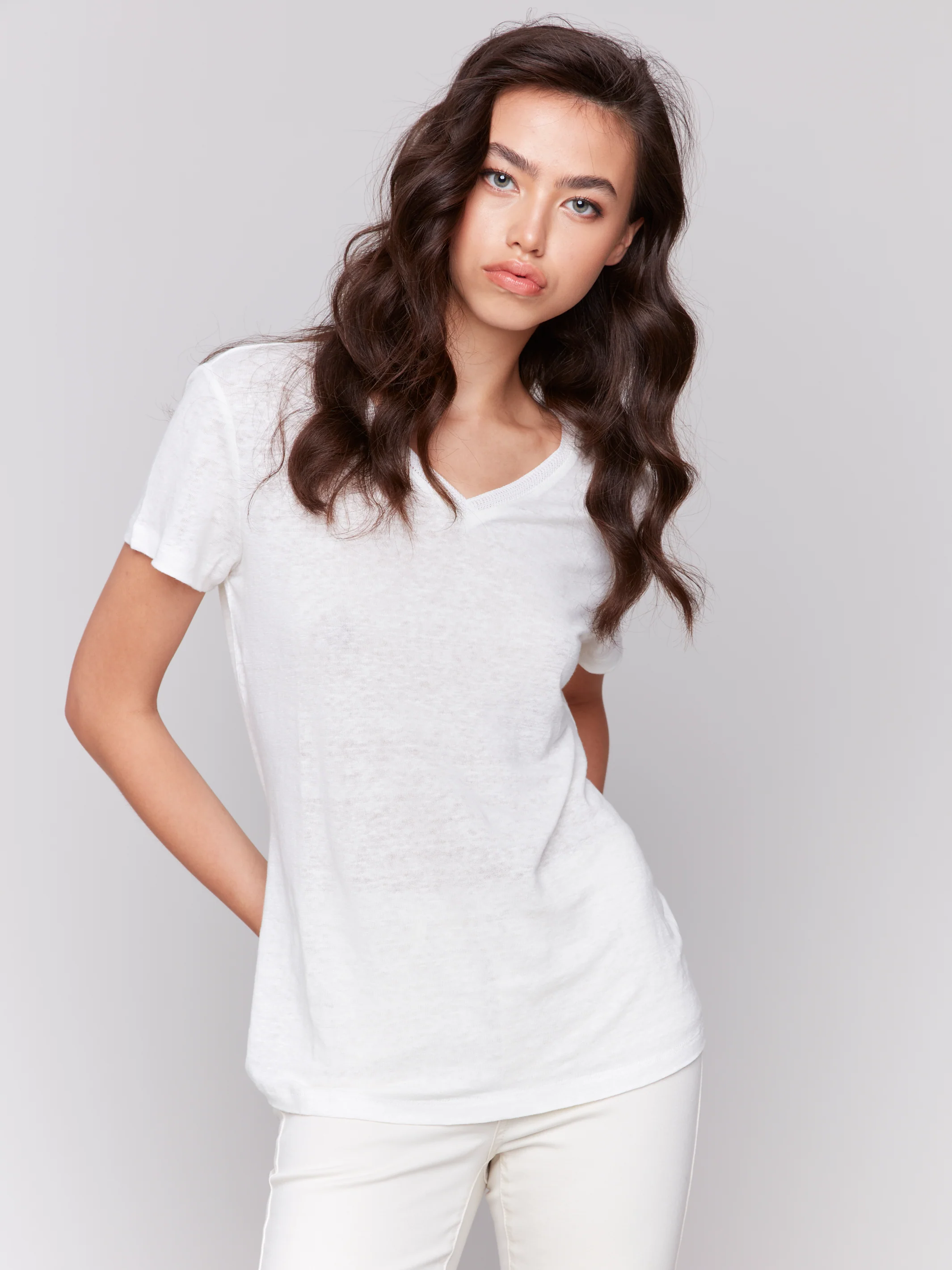 Charlie B -C1231TPK-100-Short Sleeve V Neck Linen T Shirt-Natural - Image 3