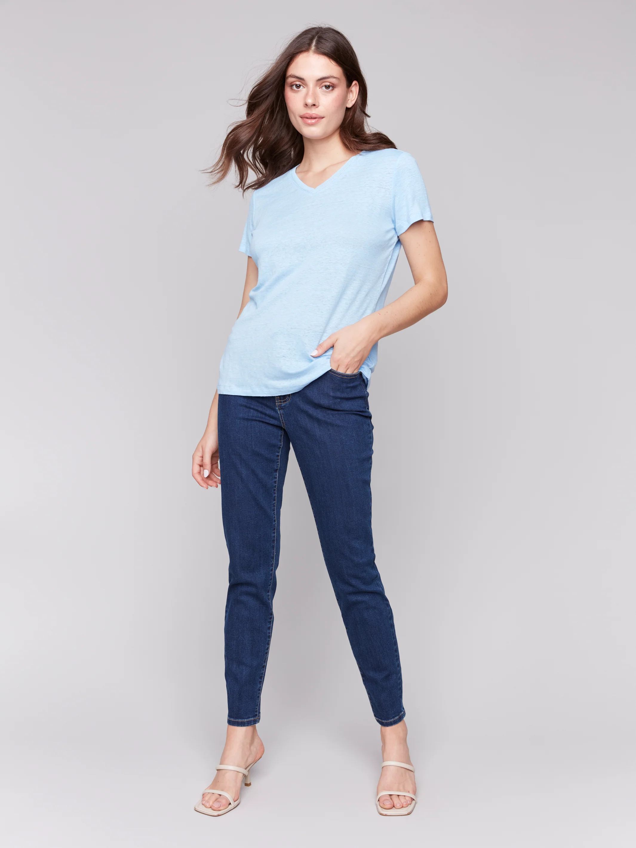 Charlie B -C1231TPK-239-Short Sleeve V Neck Linen T Shirt-Blue Bell