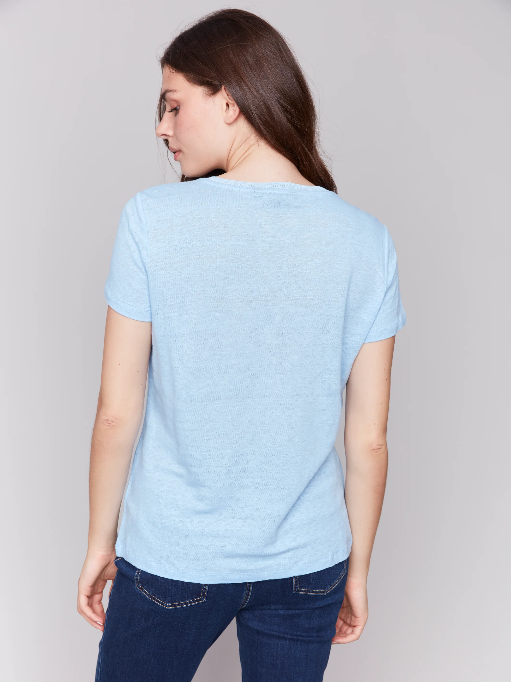 Charlie B -C1231TPK-239-Short Sleeves V Neck T Shirt-Blue Bell - Image 4