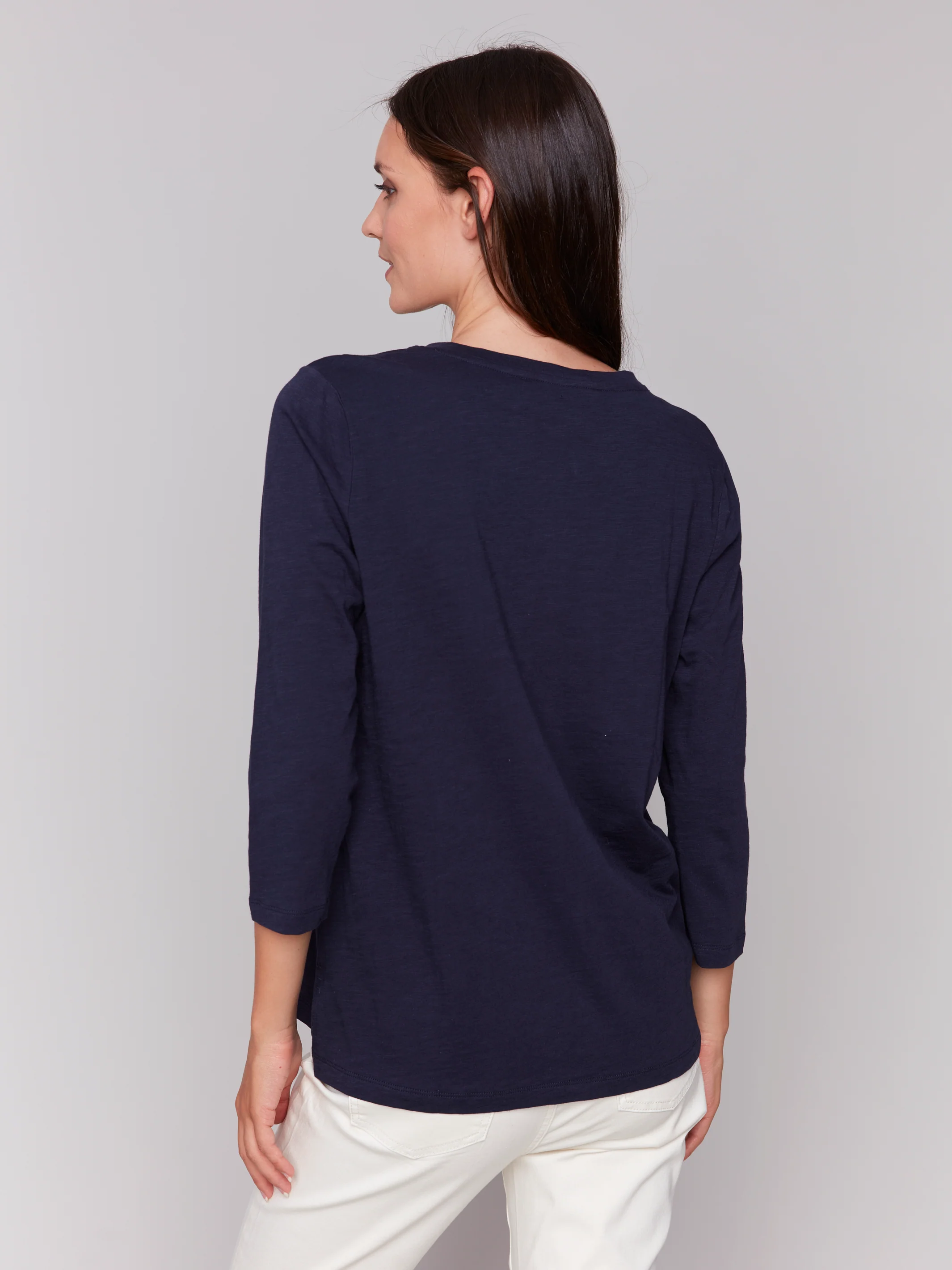 Charlie B -C1293ZPK-117-3/4 Sleeve Knit Top-Navy - Image 4