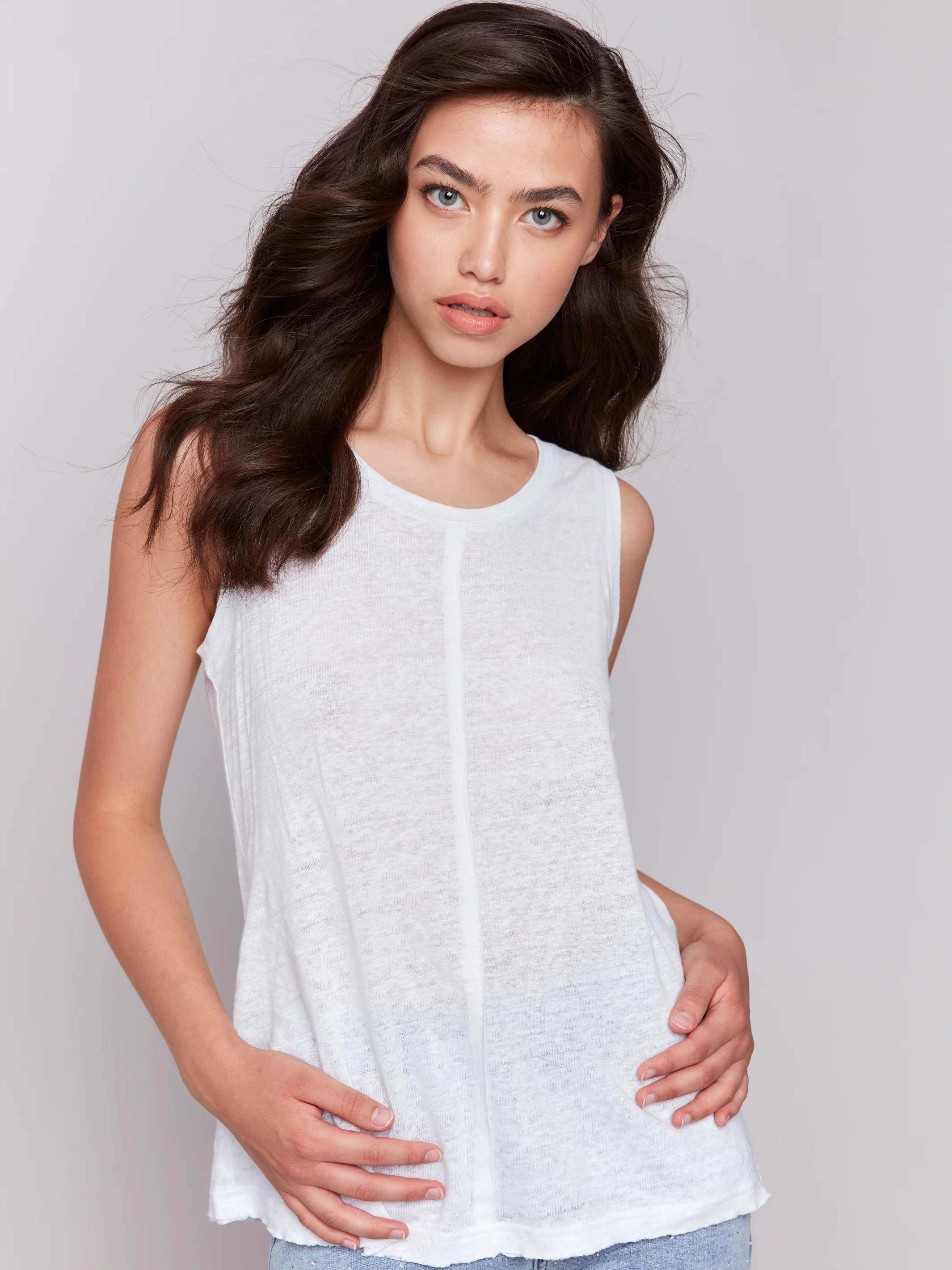 Charlie B -C1313YPK-002-Cotton Slub Sleeveless Knit Top-White - Image 2